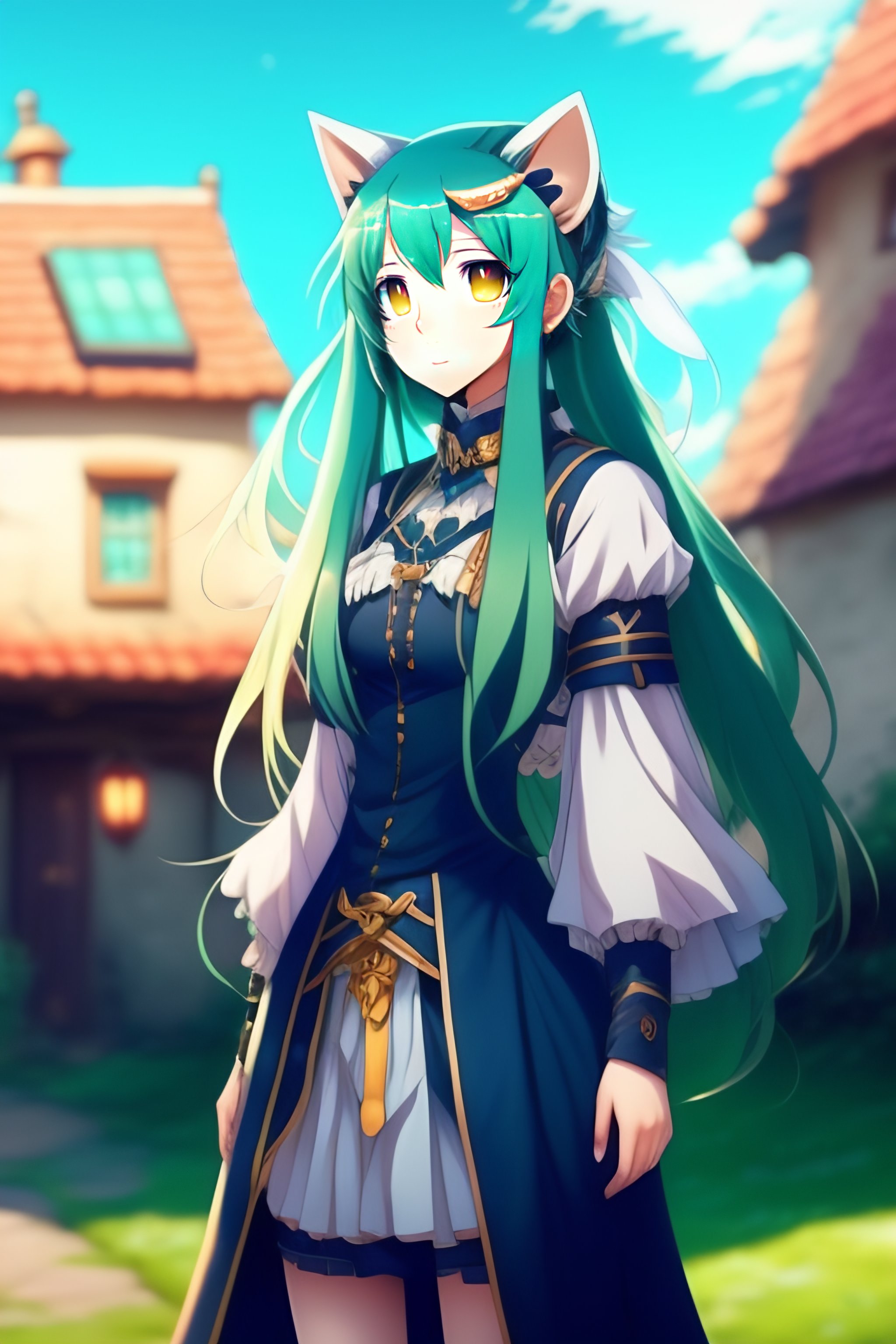 Lexica Cute Anime Girl Long Hair Green Eyes Blue Hair House In The Background Smal Cat 