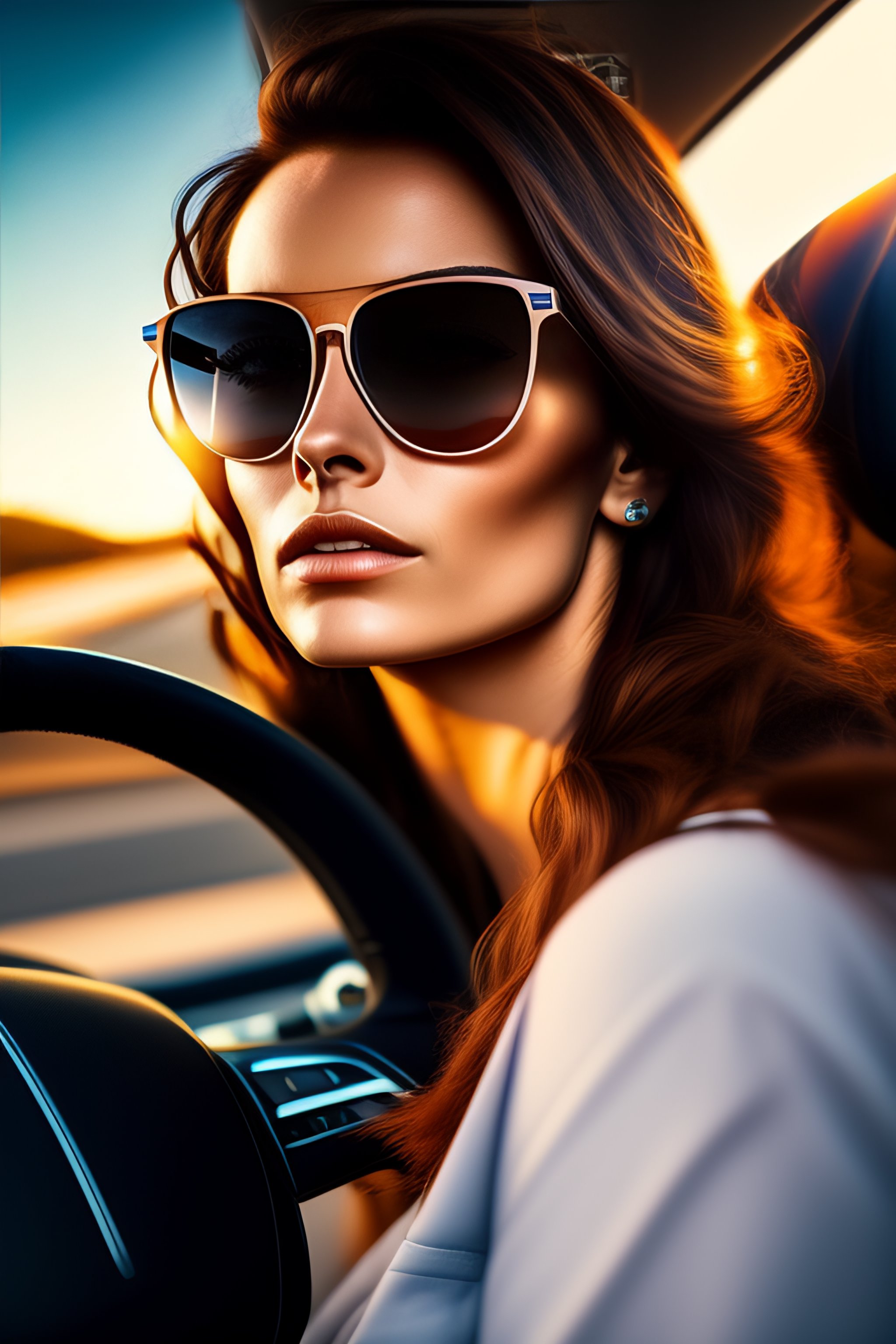 Lexica - Misterious and young sexy Brown hair mom with a little worried  face, puts down her sun glasses while driving an Honda Van