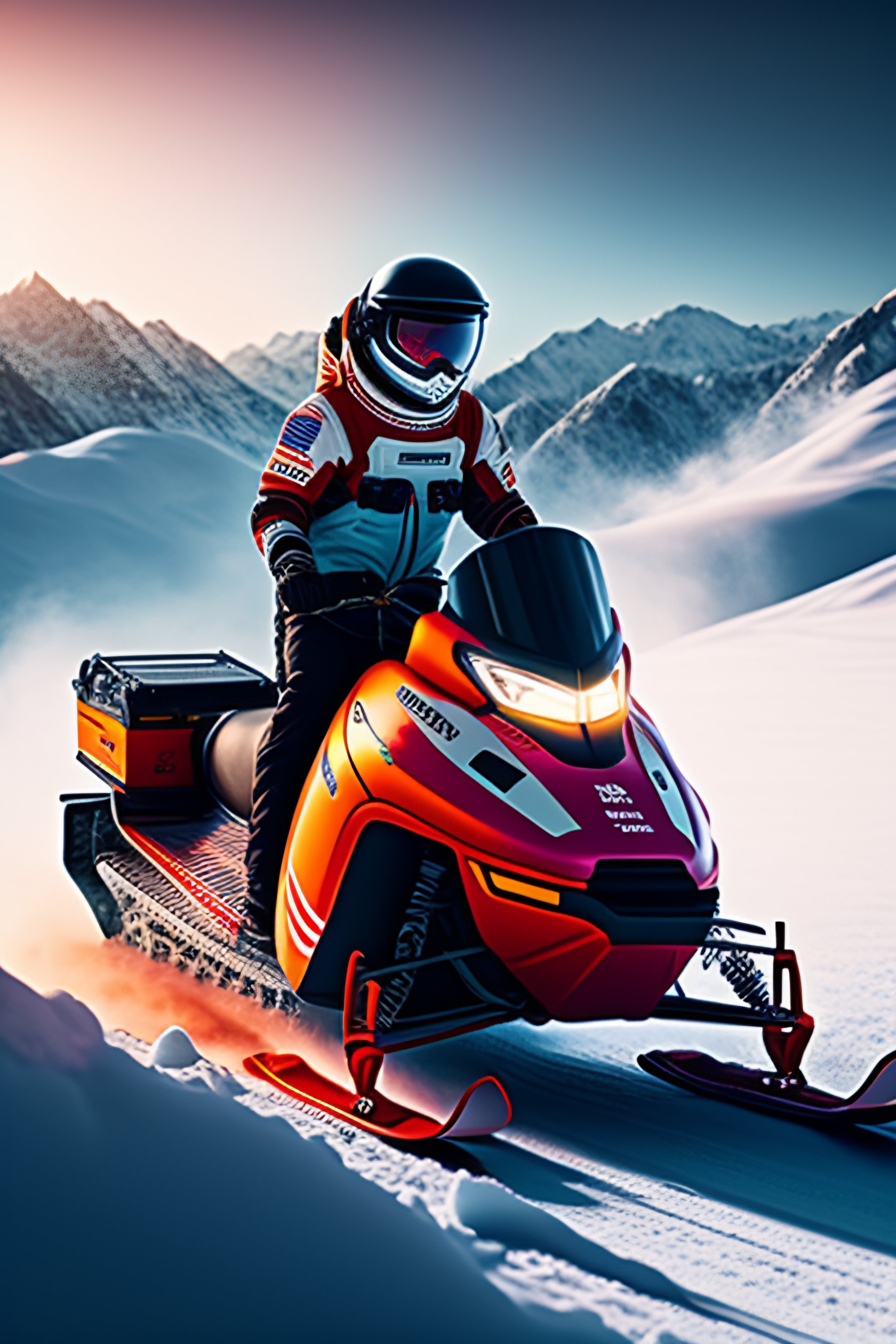 Lexica - Photo of an astronaut riding a snowmobile in snowy mountains ...