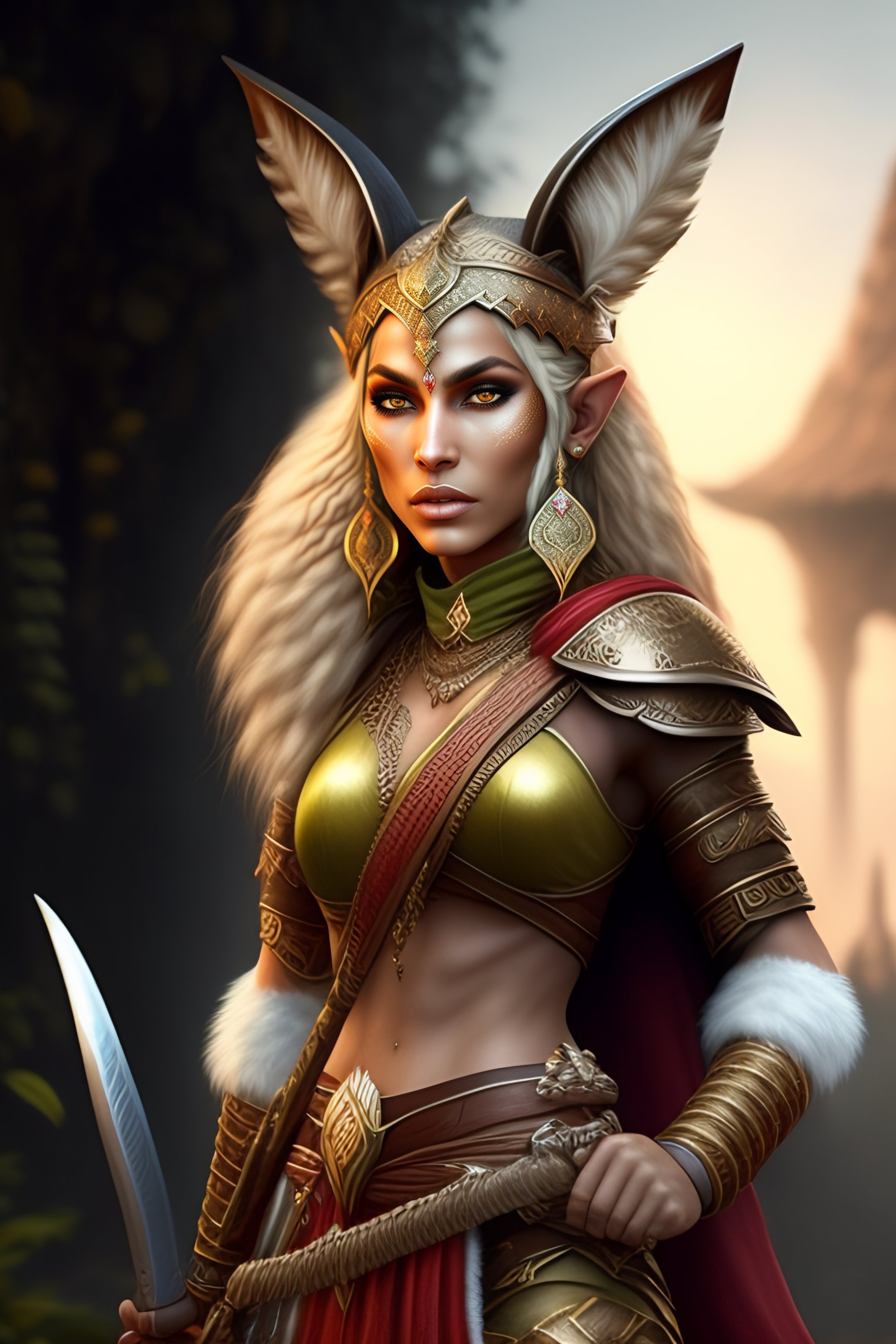 Lexica - A female elf warrior with cream colored fur holding a kukri