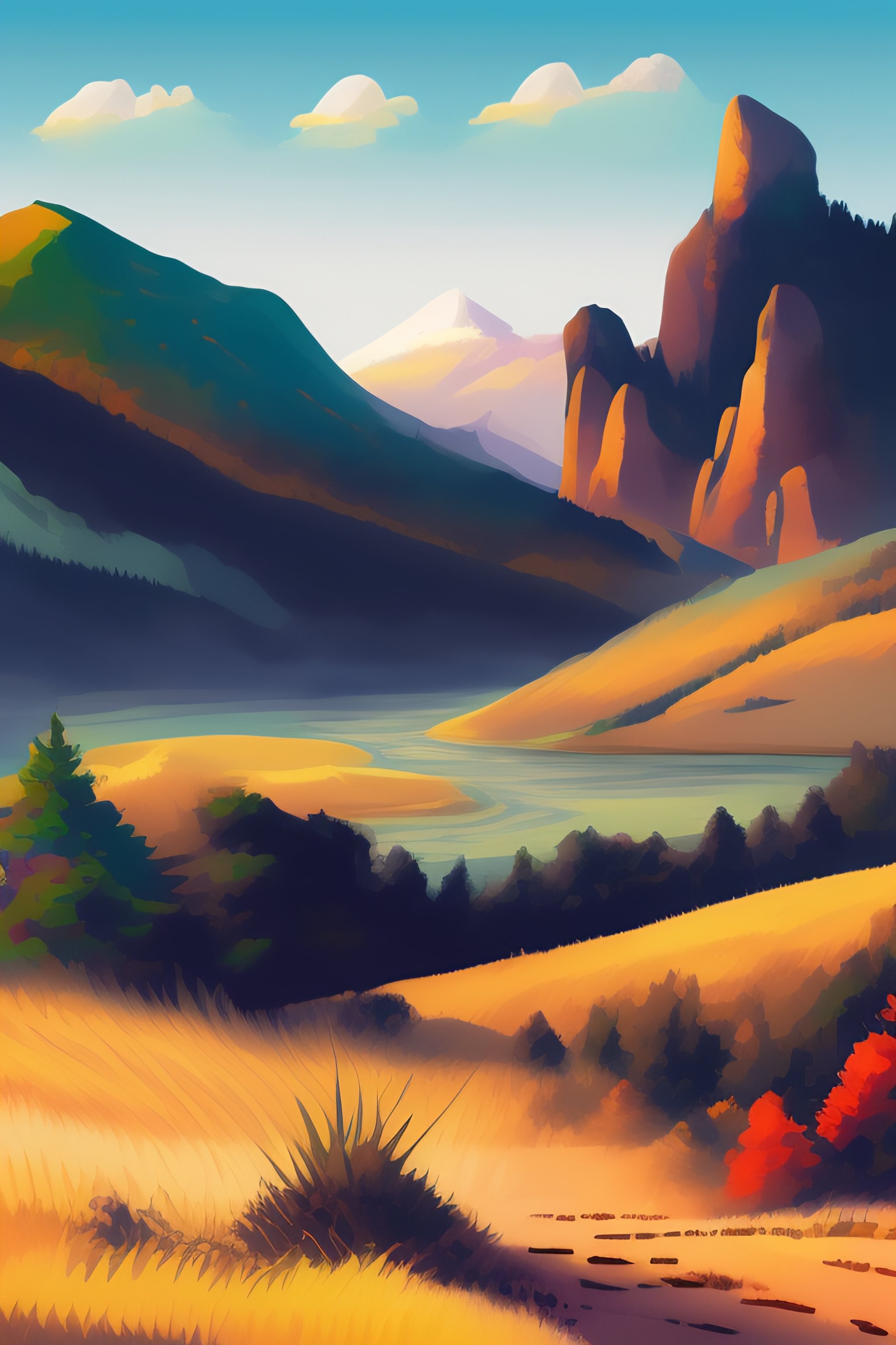 Lexica - Grassland and mountain background, cartoon illustration style