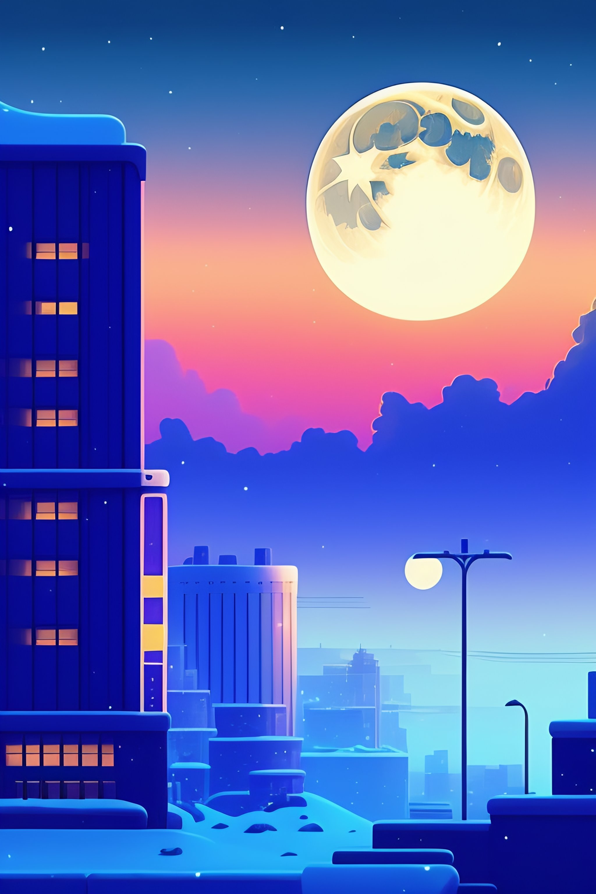 Lexica - Cartoon, digital art, LO-FI style, buildings, full moon, bue ...