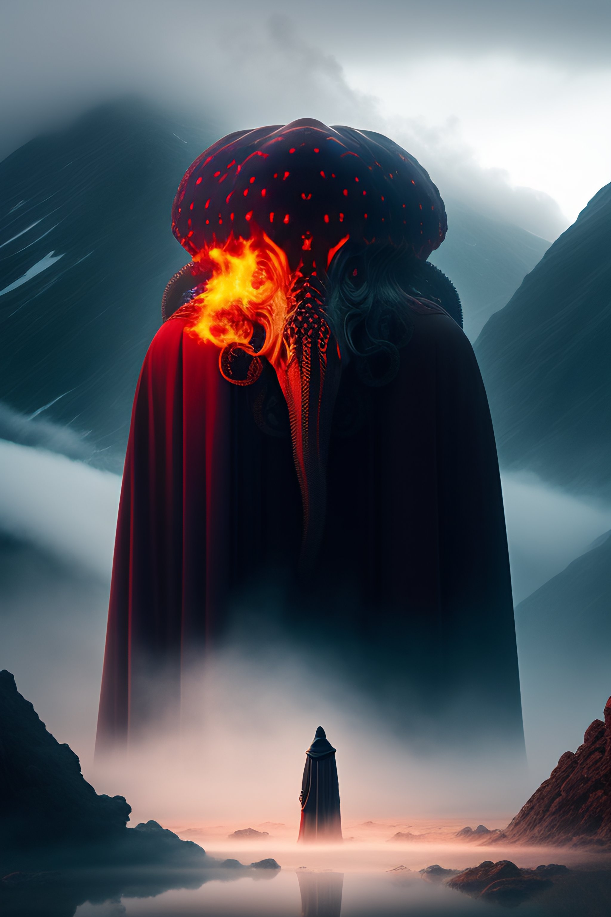Lexica - In a vast landscape behind cloudy mountains a colossal and ...