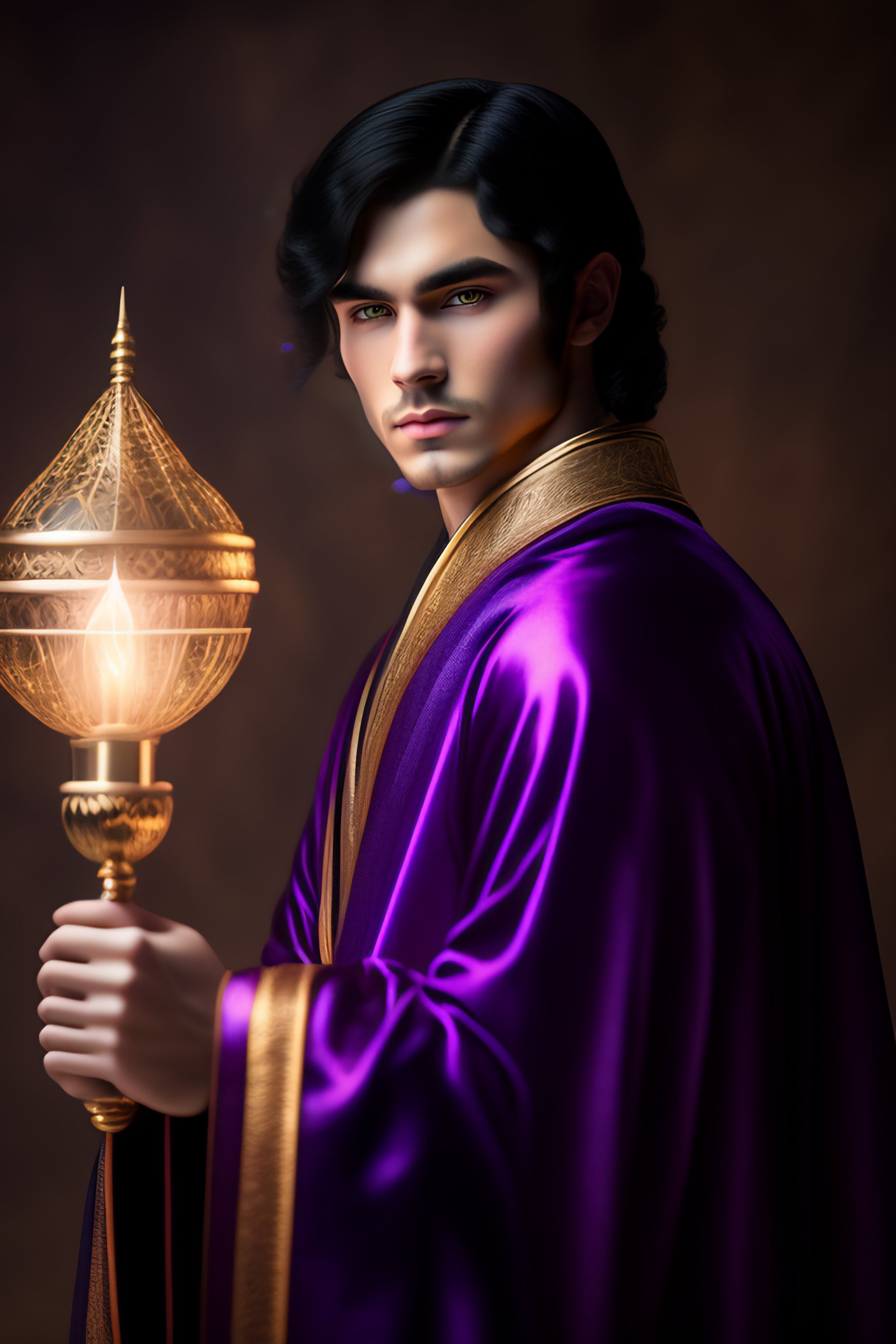 Lexica - Young wizard with black hair and pale skin wearing a purple ...