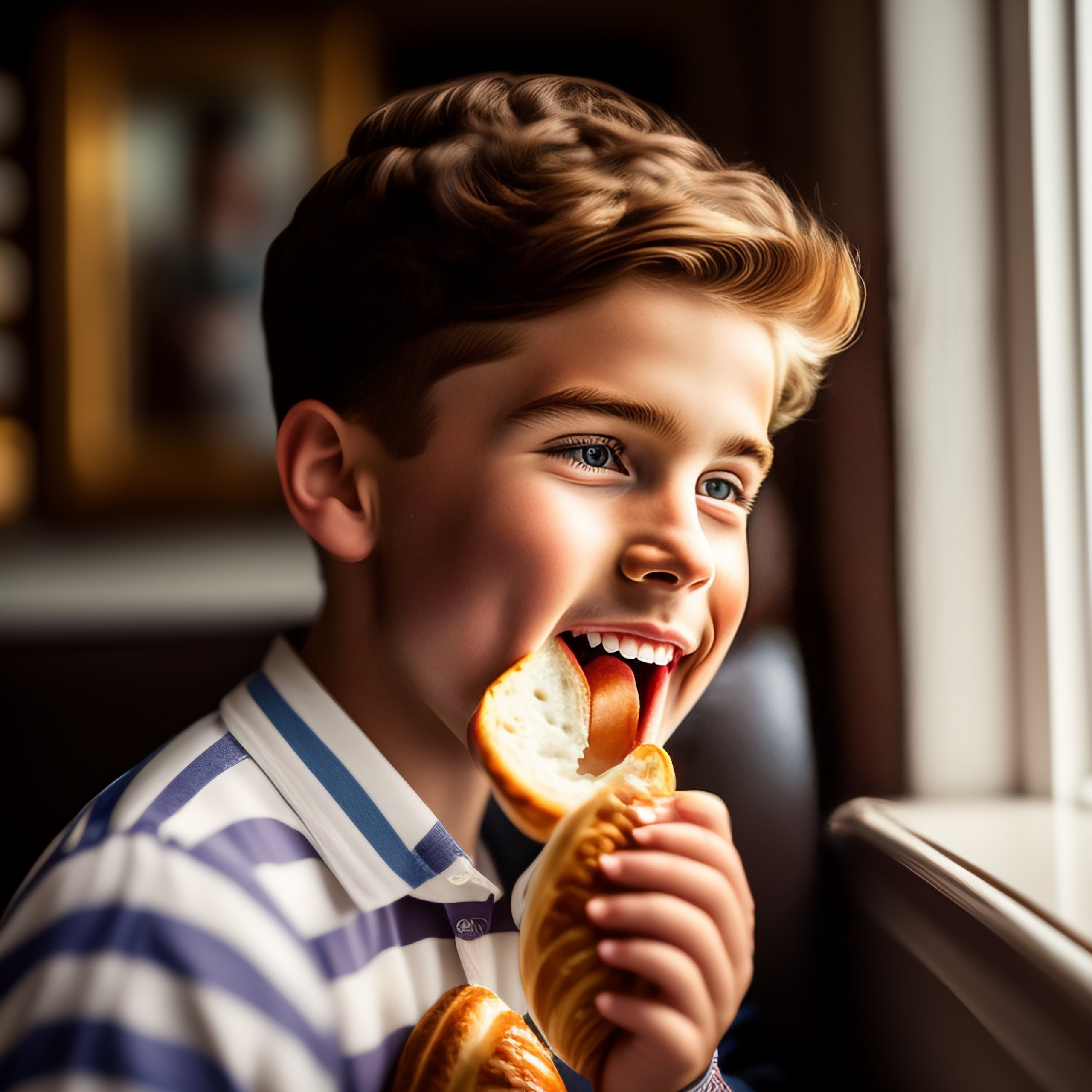Lexica A young man eating a chocolate croissant, in a hurry and funny