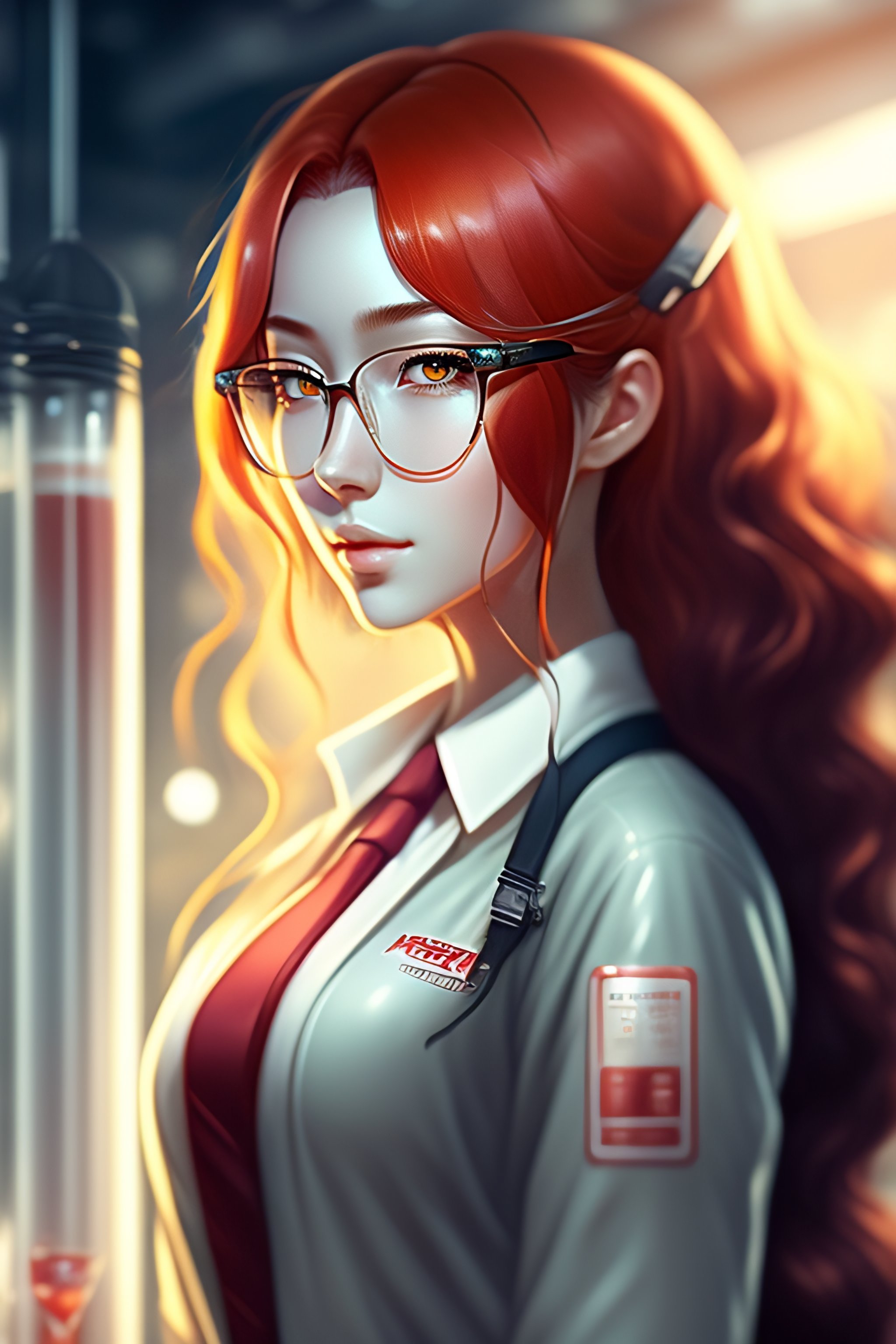 Lexica Beautiful Anime Girl With Long Red Hair Wearing Lab Coat And Glasses Pokemon Misty