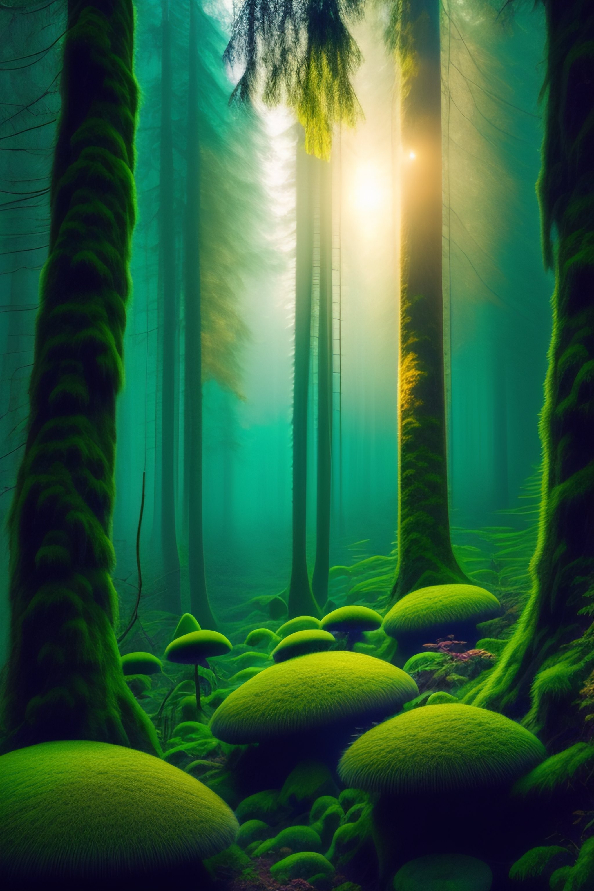 Lexica - Mystical mossy forest overgrown with mushrooms dancing in the ...