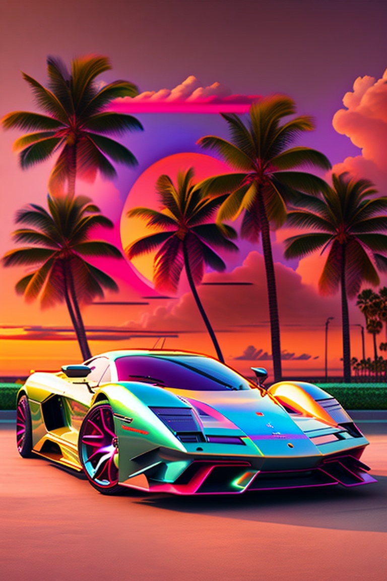 Lexica - Retrowave, Miami, Palm Trees, Supercar, Sun, Realistic 