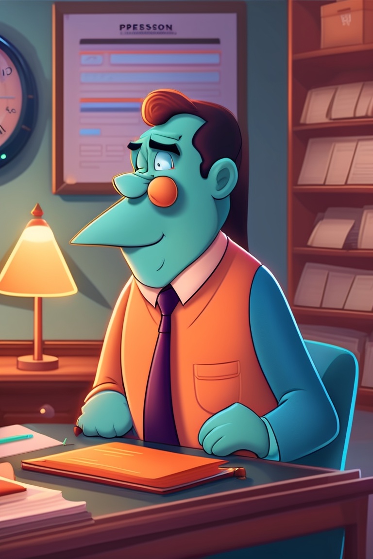 Lexica Pearson in doodly style sitting at a desk wich has a lot of