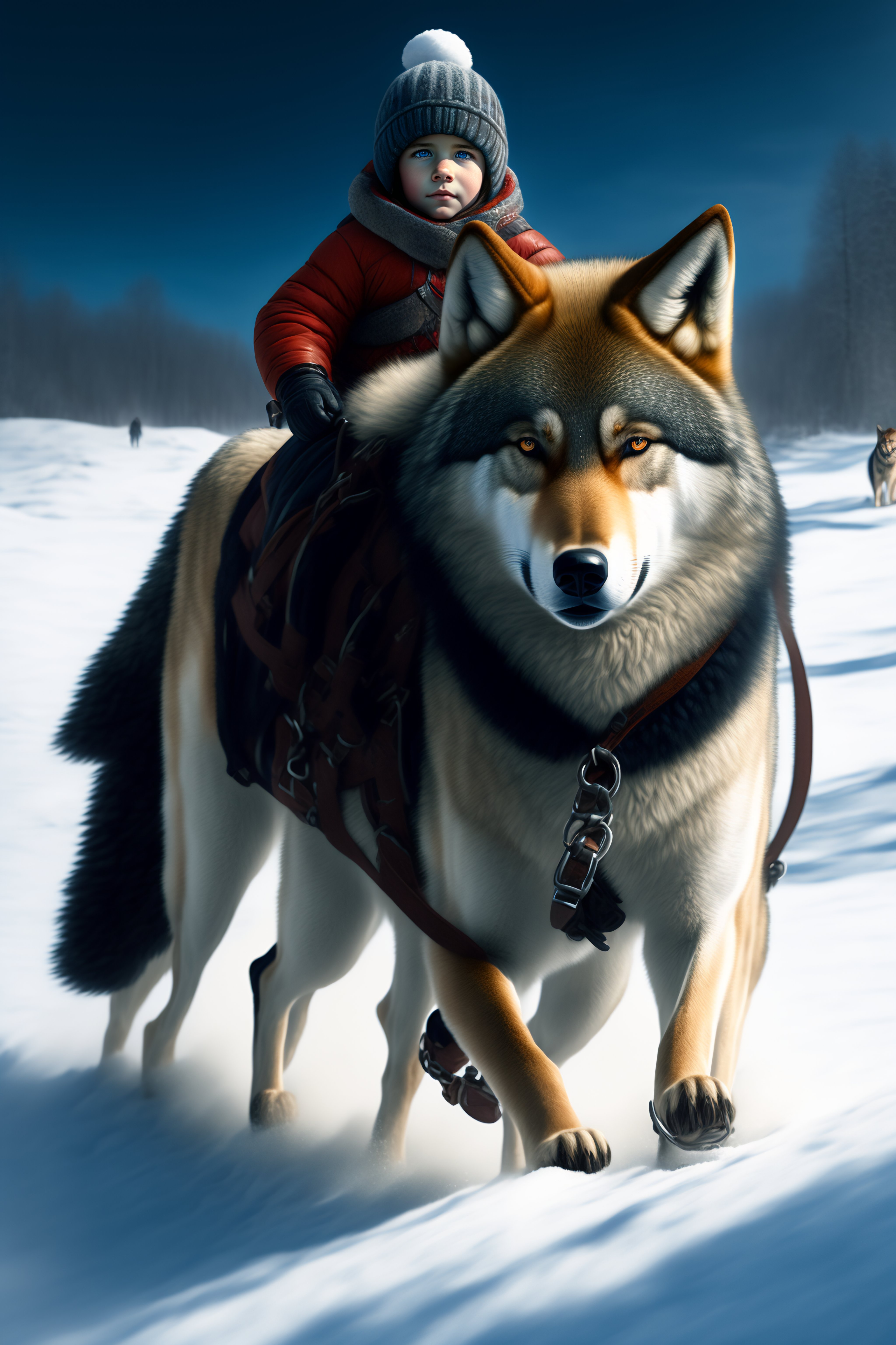 Lexica - A wolf cub in a harness, a boy and a girl on a sled, riding ...