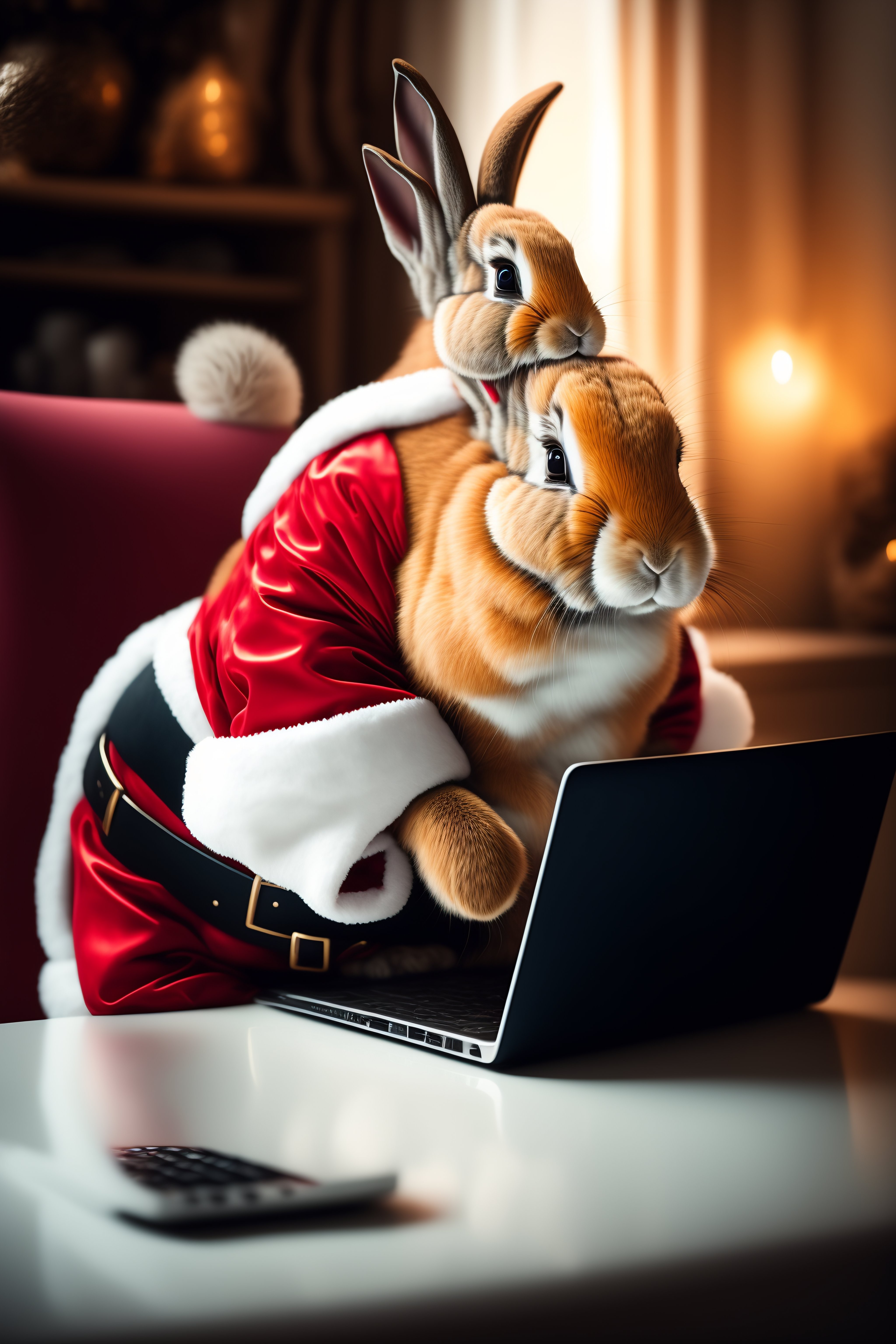 Lexica - Bunny Santa working on a laptop