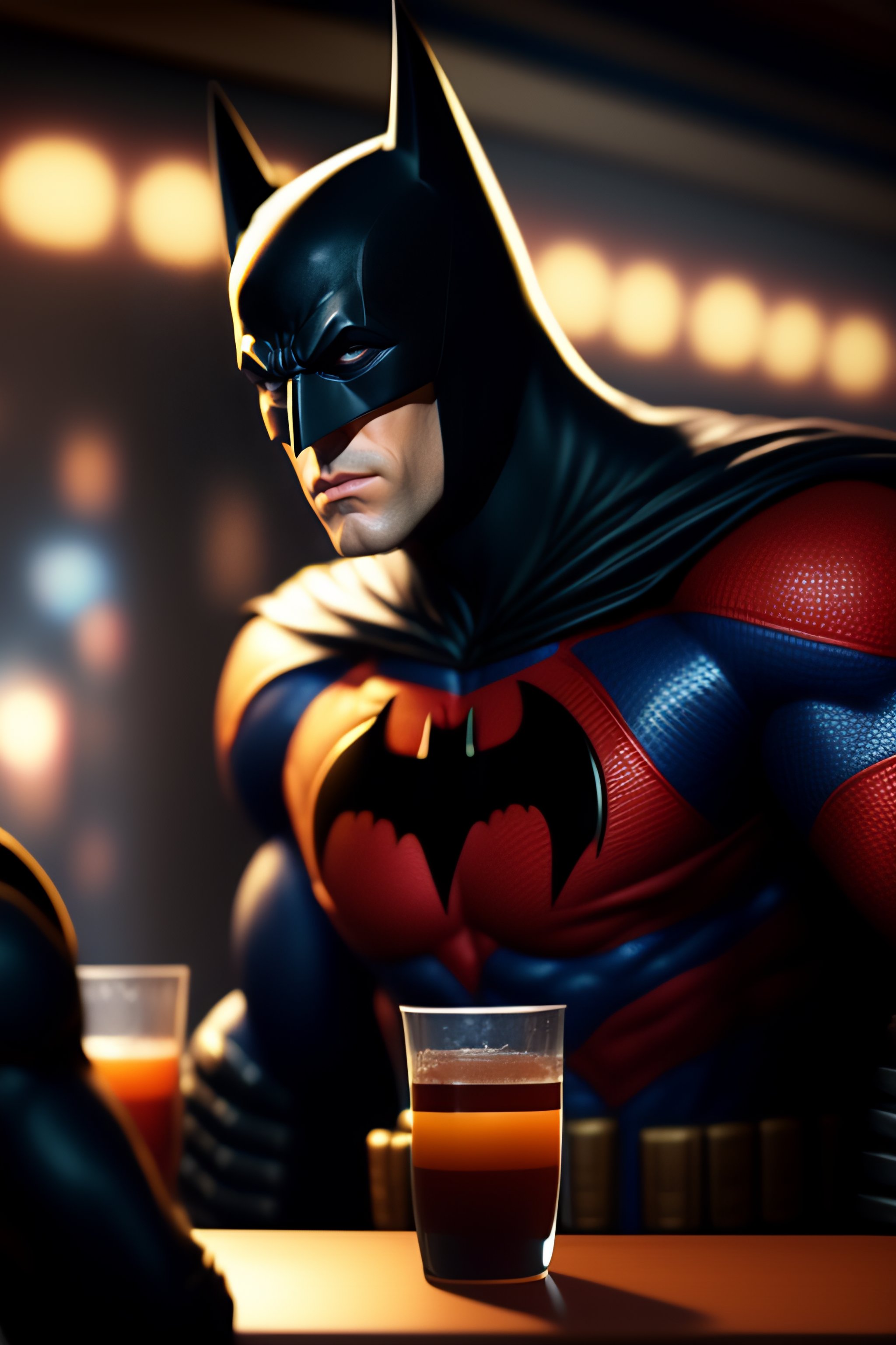 Lexica - Batman drinking at a bar with spiderman