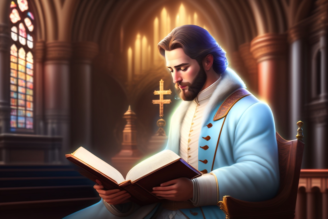Lexica - Inspired man reading the bible, catholic altar, holy cross of god,