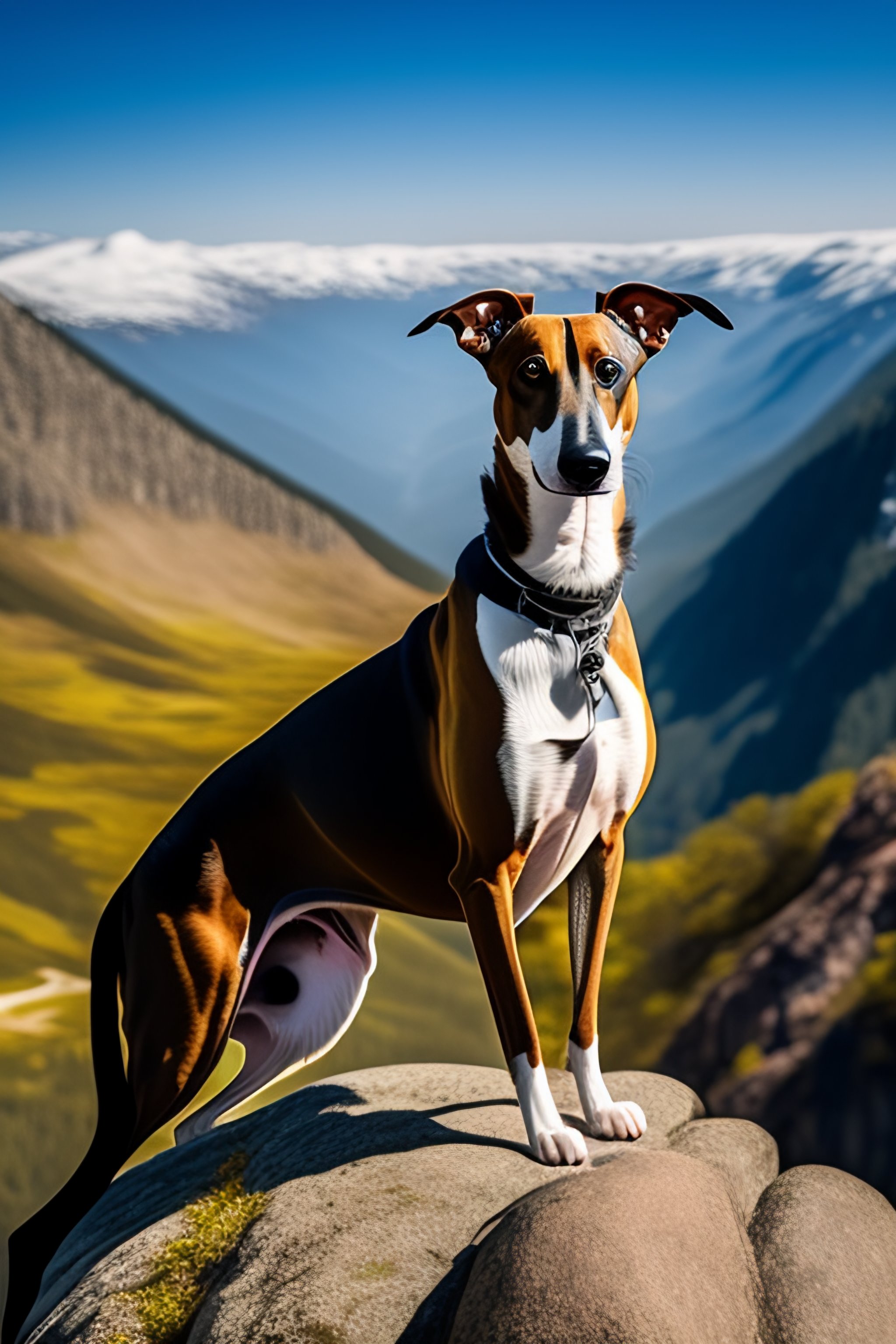 Lexica - Photo of a tigered greyhound on top of mountain