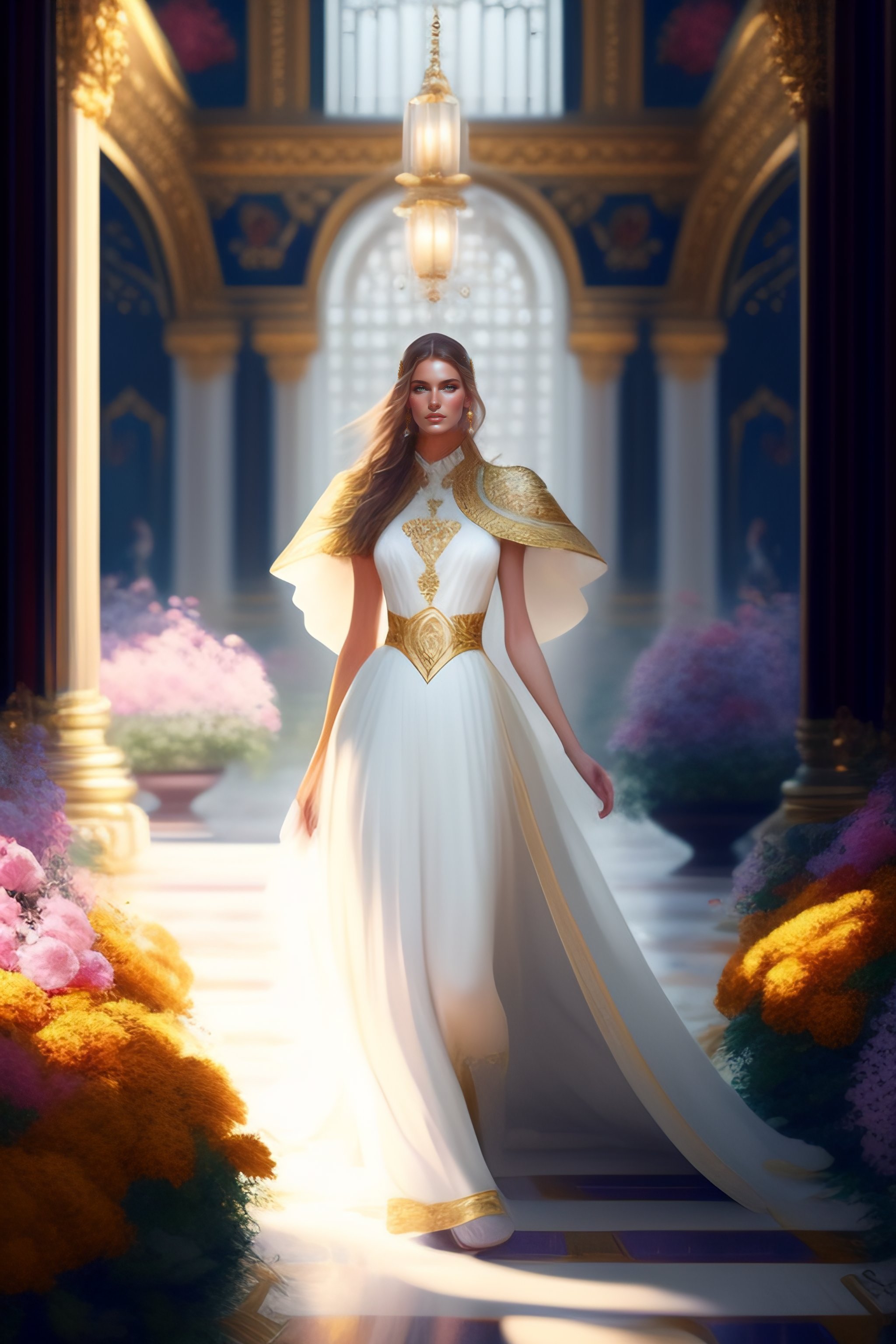 Lexica - Beautiful russian princess wearing white clothes and gold jewels  walking in a russian palace with greeneries and colorful flowers,  full-body...