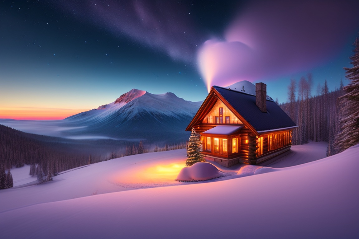 Lexica - A cozy cabin nestled in a snowy mountain landscape, with smoke ...
