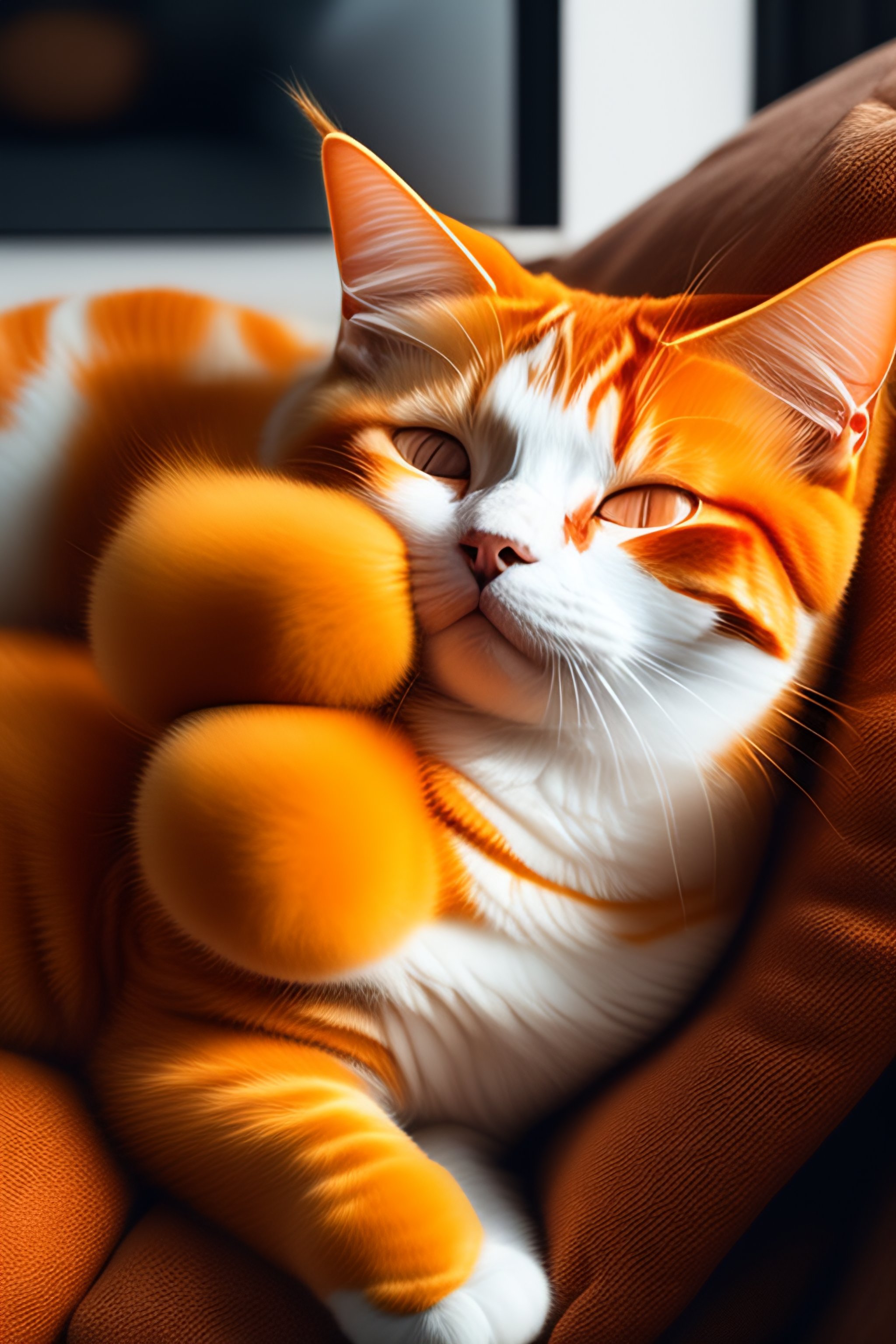 Lexica - Portrait of a orange and white cat sleeping on a couch flying ...