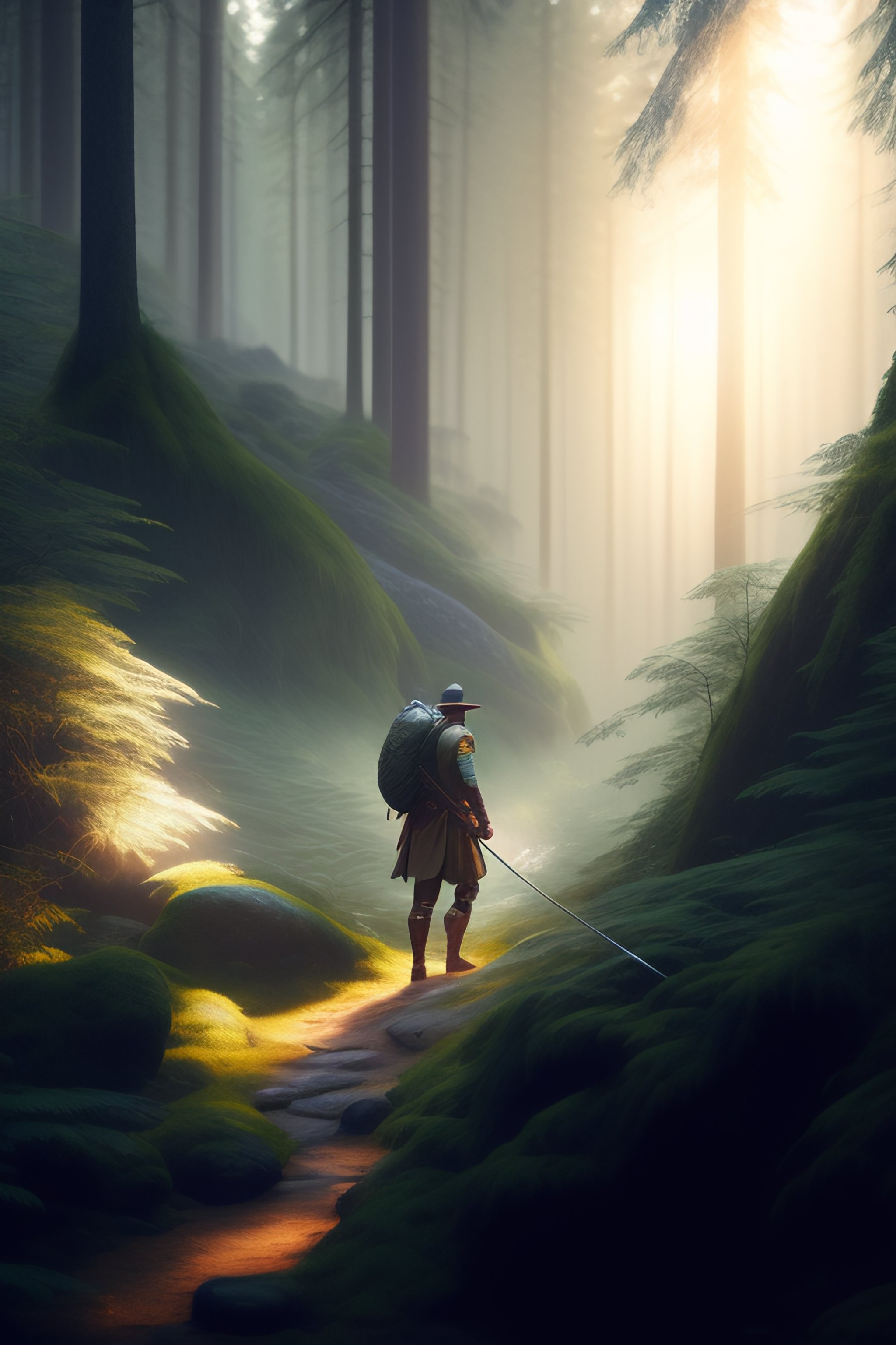 Lexica - A ranger, sword and bow in hand, entering a forest clearing ...