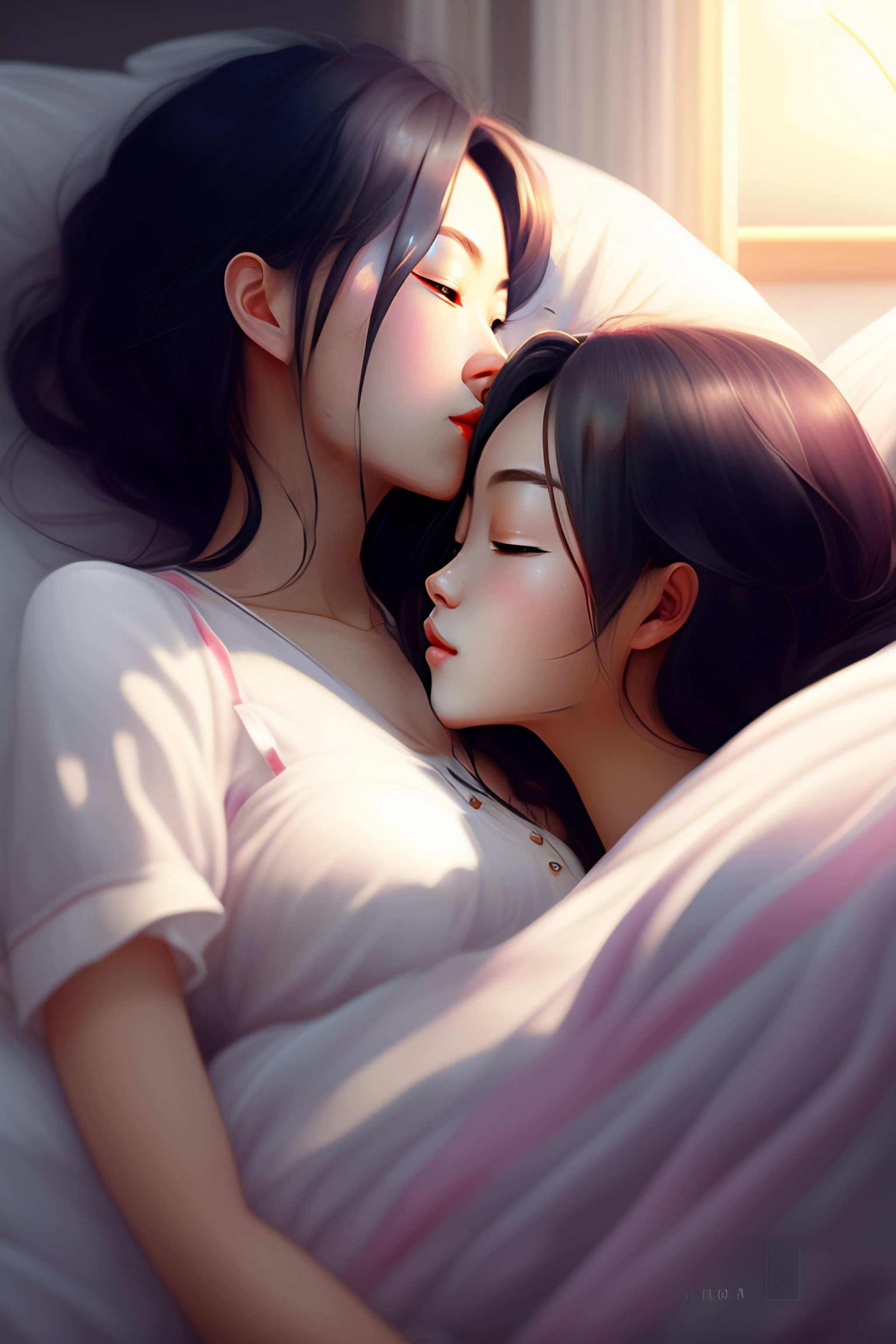 2 anime girl kissing on a bed 