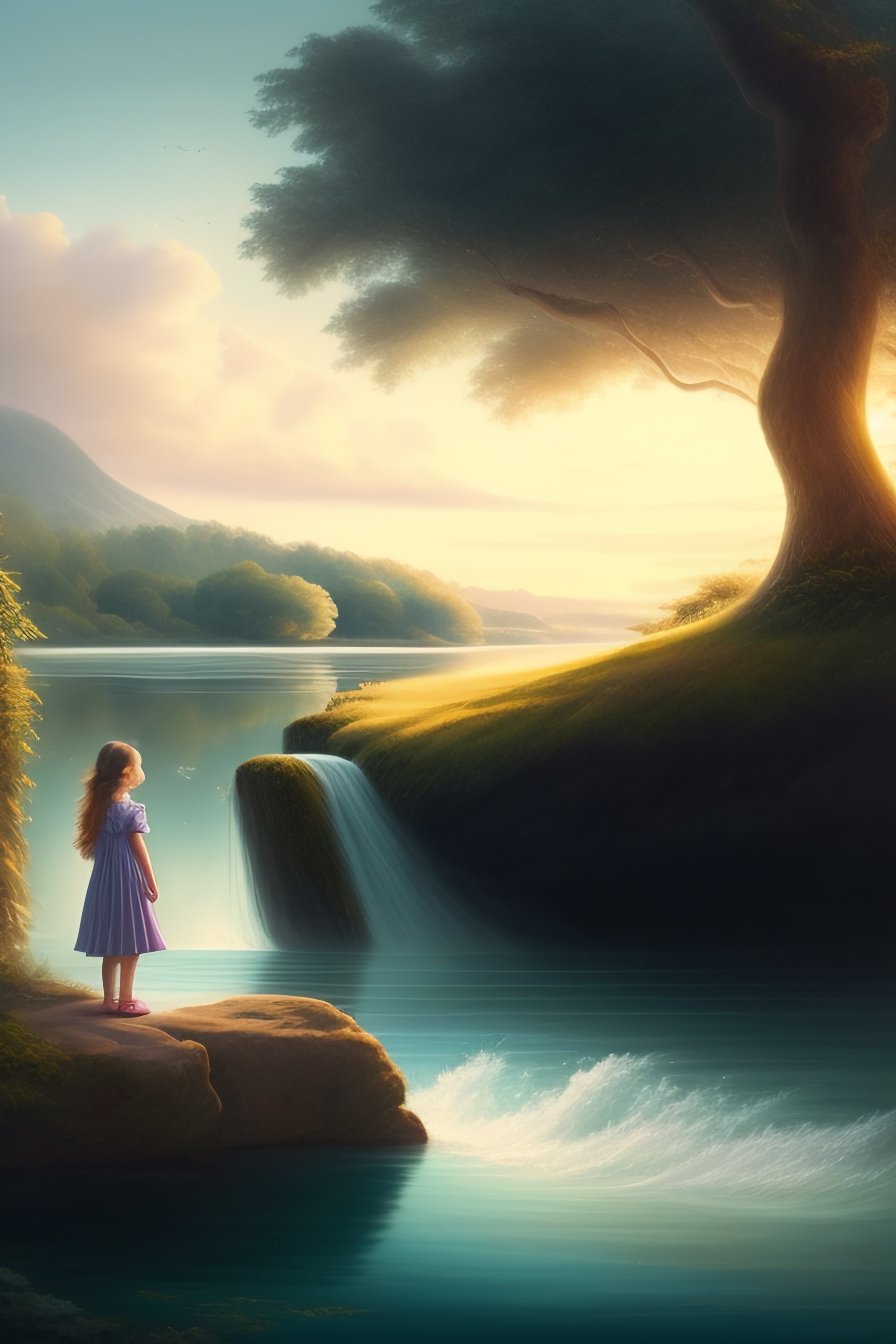 Lexica - A young girl with her feet in the water of a stream, looking ...