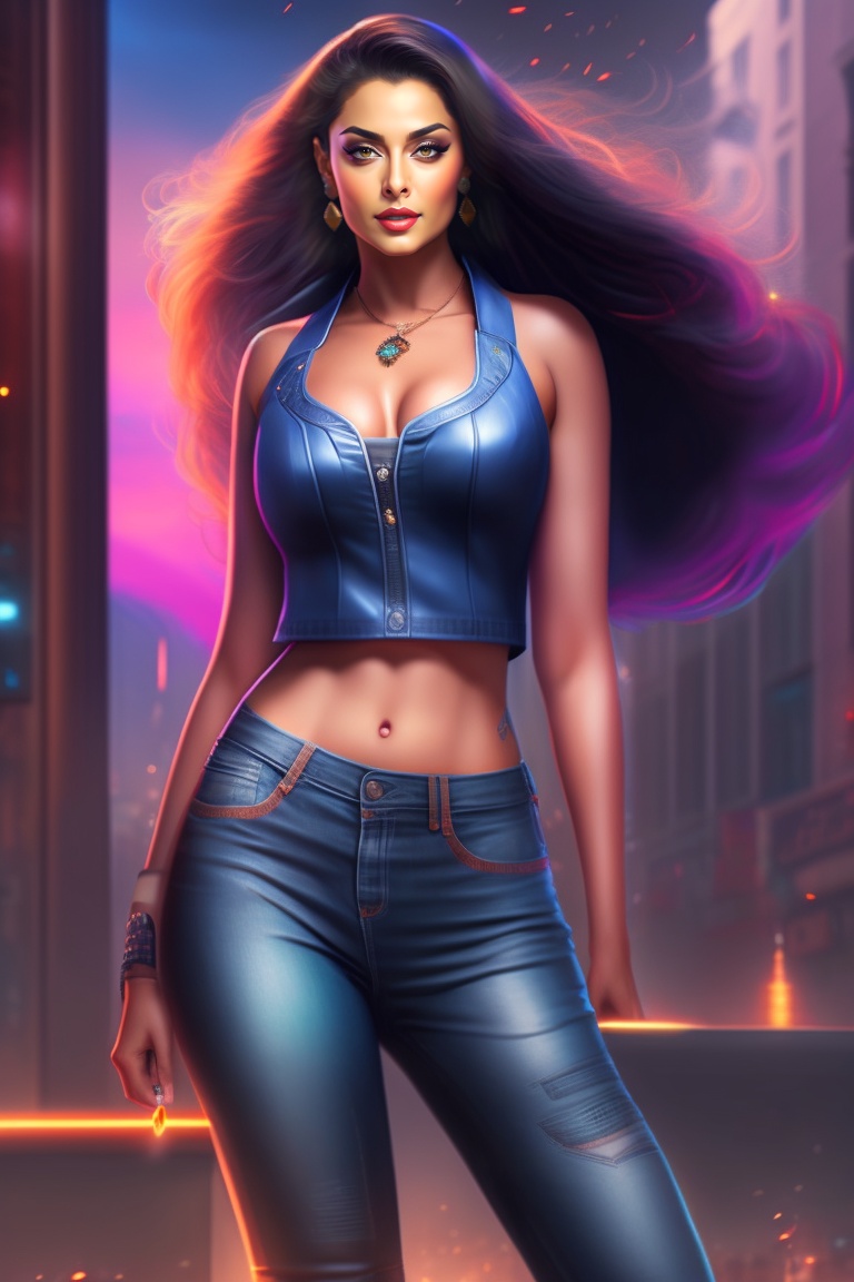 Lexica - Aishwarya Rai, full figure, t-shirt and jeans, cyberpunk city