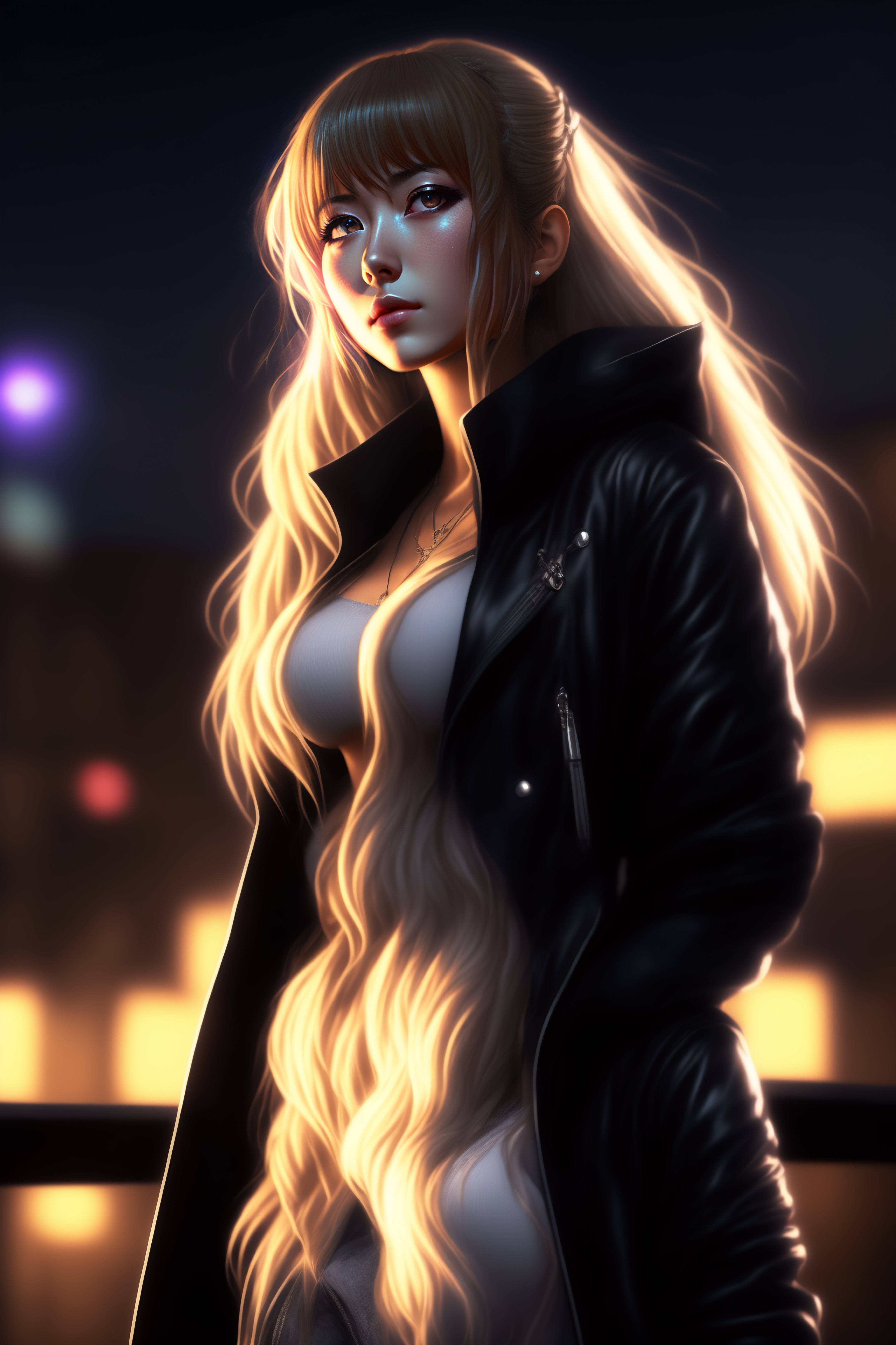 Lexica - Highly detailed and realistic illustration of Misa Amane from Death  Note, standing on a rooftop at night, with a cool and mysterious atmosph...