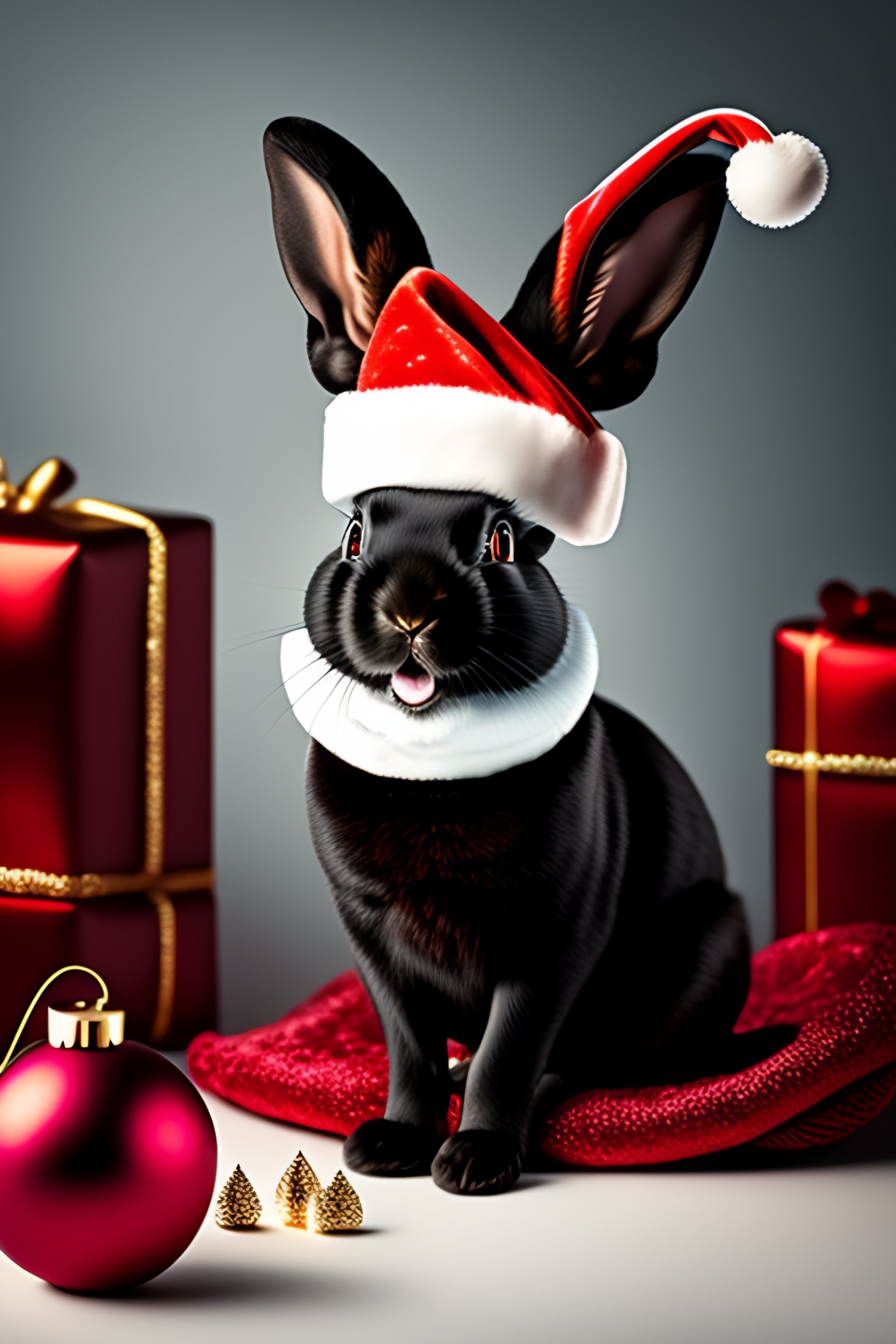 Lexica - Christmas, a black rabbit in a santa claus hat laughs