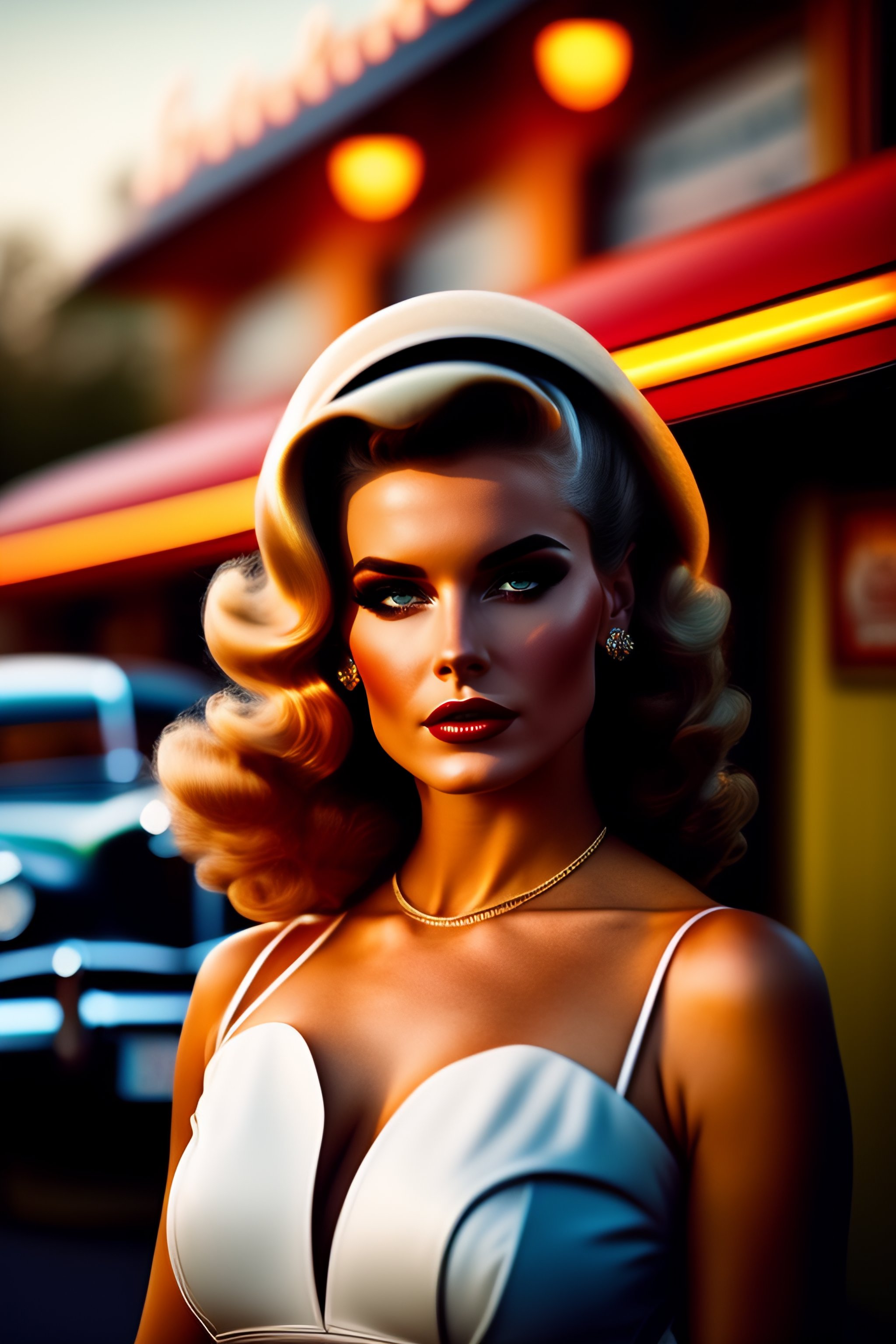 Lexica - Dress Like A 1950s Pin-Up Girl, beautiful pretty models face  symmetrical , cinematic shot, dramatic, dramatic lighting, outside American  di