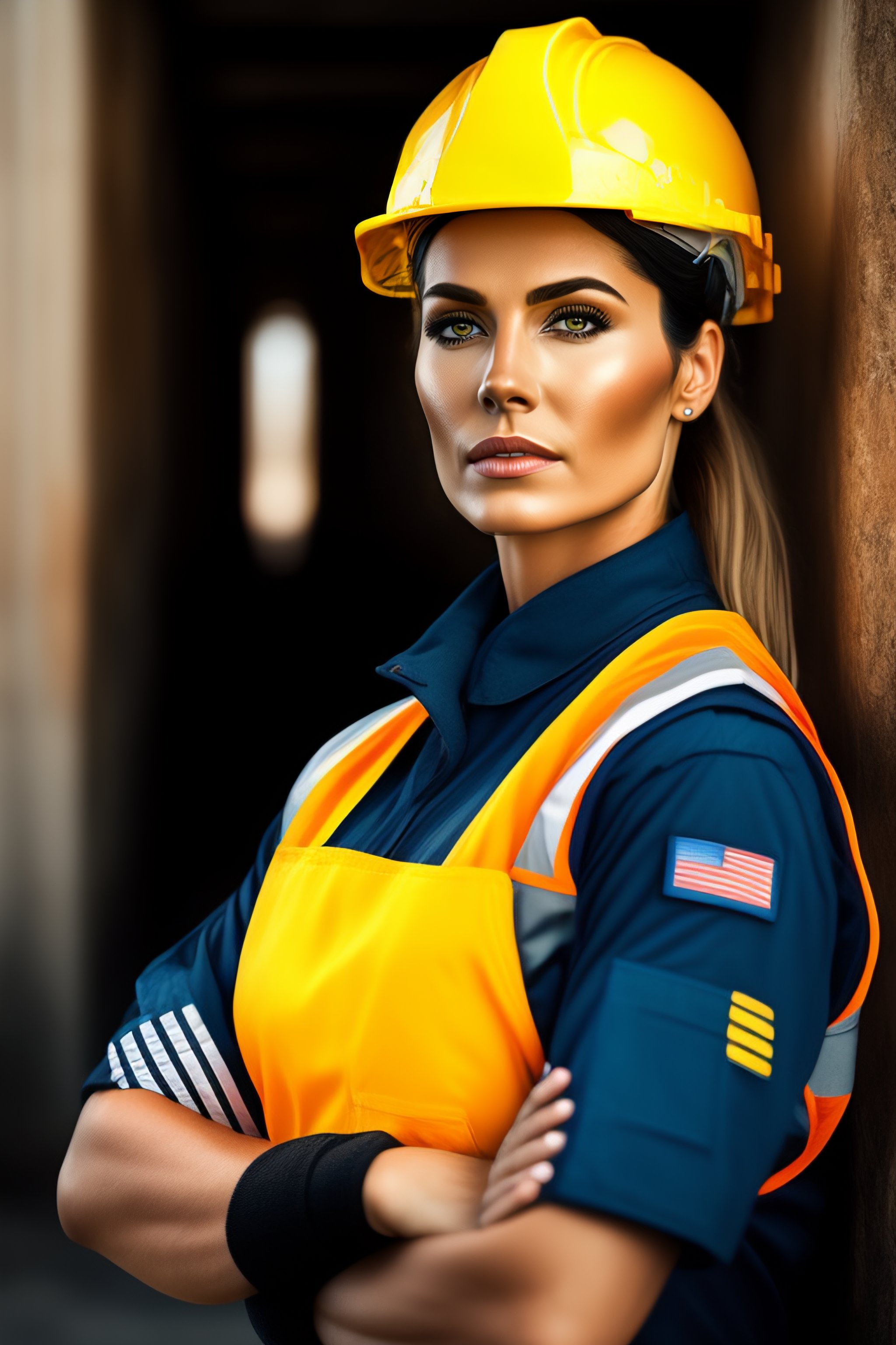 Lexica Highly detailed character portrait of a female arms crossed in a construction worker