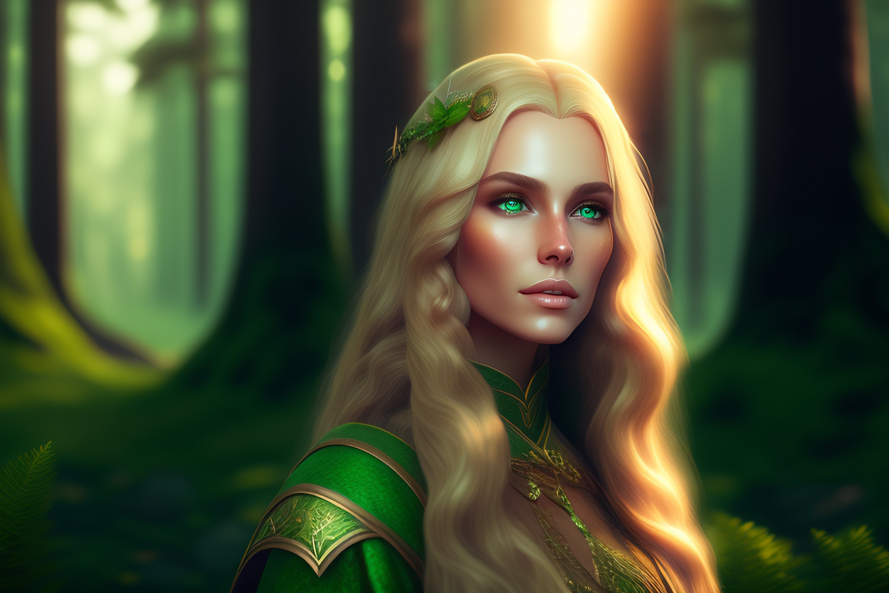 Lexica - Fantasy, elf girl, blond wavy hair, green eyes, long dress, full  length character, northern forest in the backdrop, digital painting,  octane...