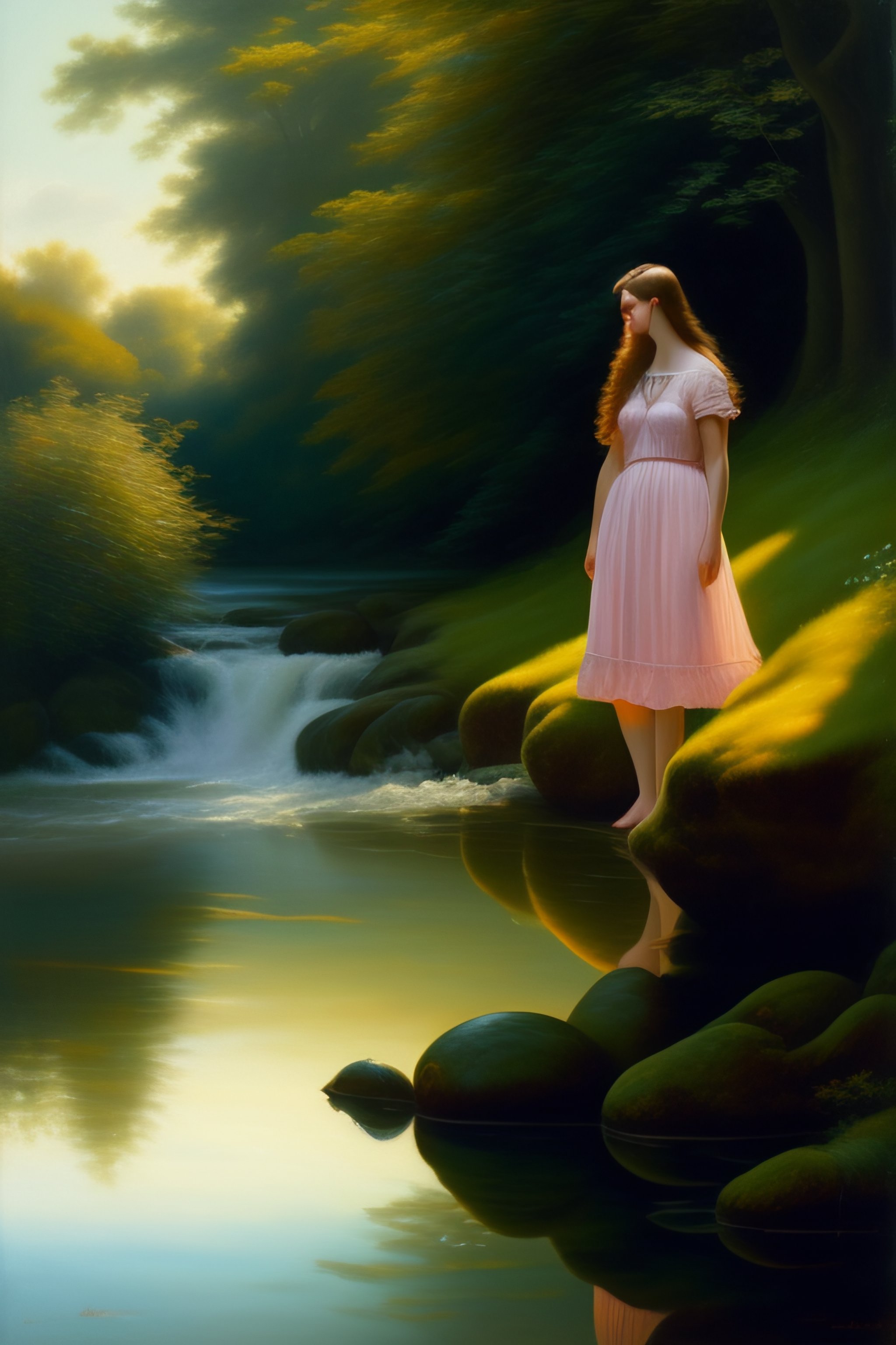Lexica - A young woman in front, with her feet in the water of a stream ...