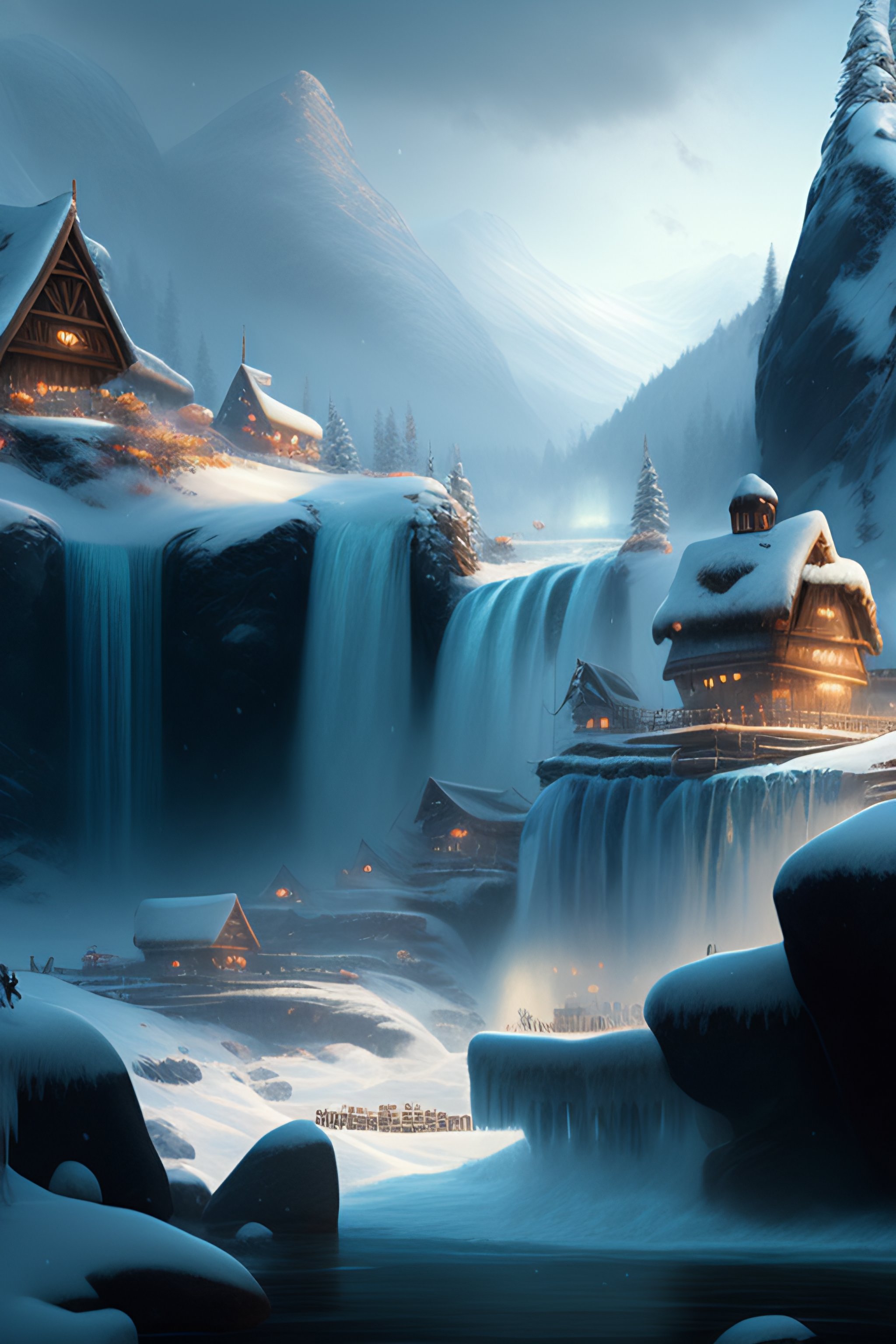 Lexica - Mountain village with wooden viking houses on top of a ...