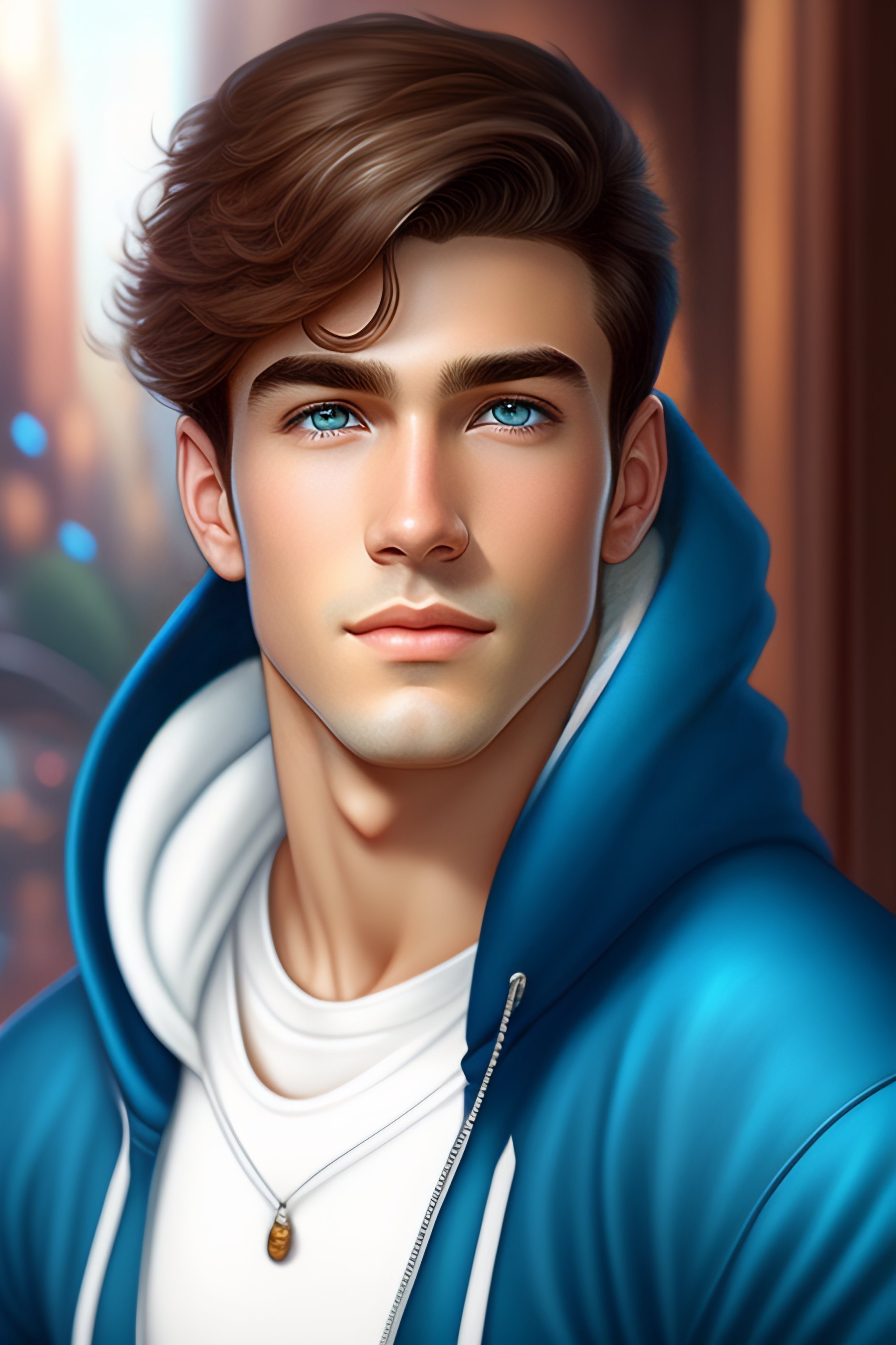 Lexica Young Man With Short Brown Hair And Big Blue Eyes Wearing Hoodie Traced Highly 5036