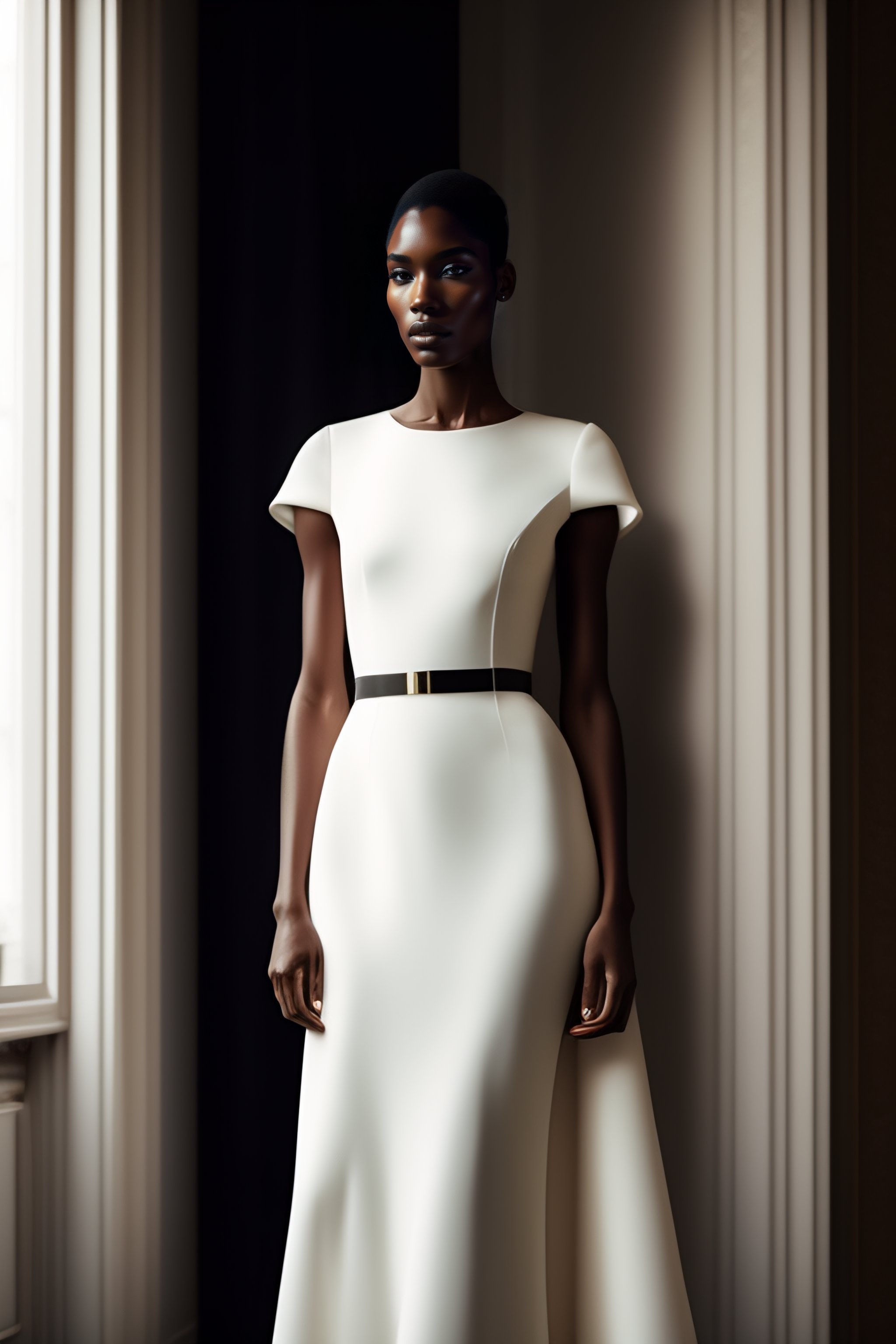Lexica - Fashion model wearing a long form fitted wedding dress,showing ...