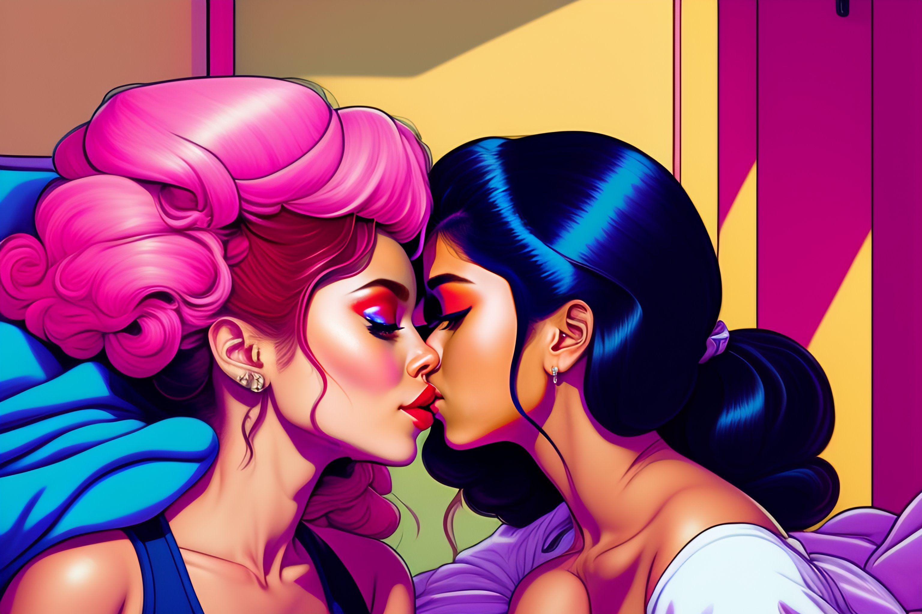 Lexica - Full body Ariana Grande kissing Selena Gomez with a cute  expression in a piece of micro pink under wear in a bedroom, hyper detailed  painti...