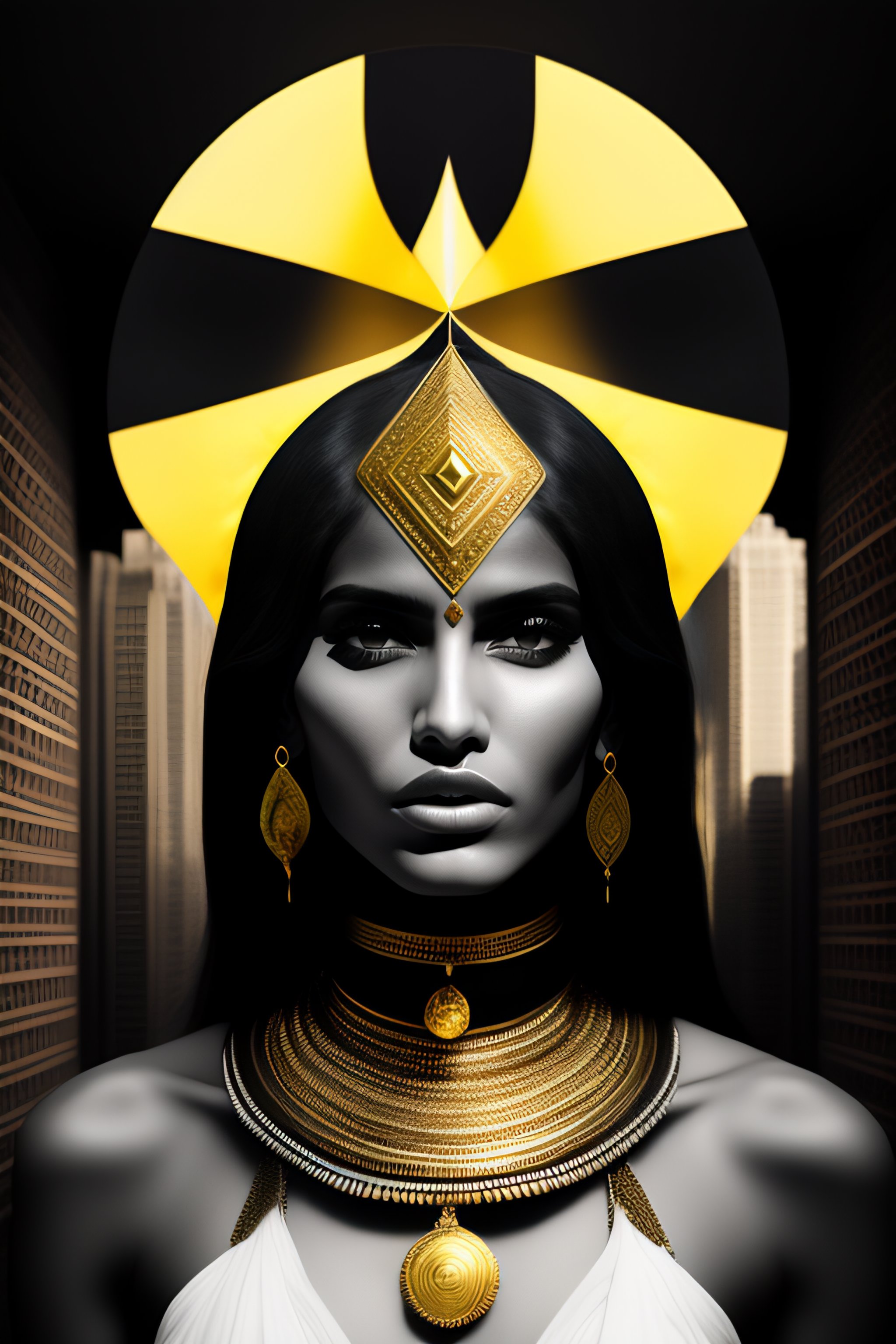 Lexica - Op art, hyper- Latina body girl in pharaonic posture, female model  in the streets of India, collage, goldblocks, brutalism, Arabic calligr