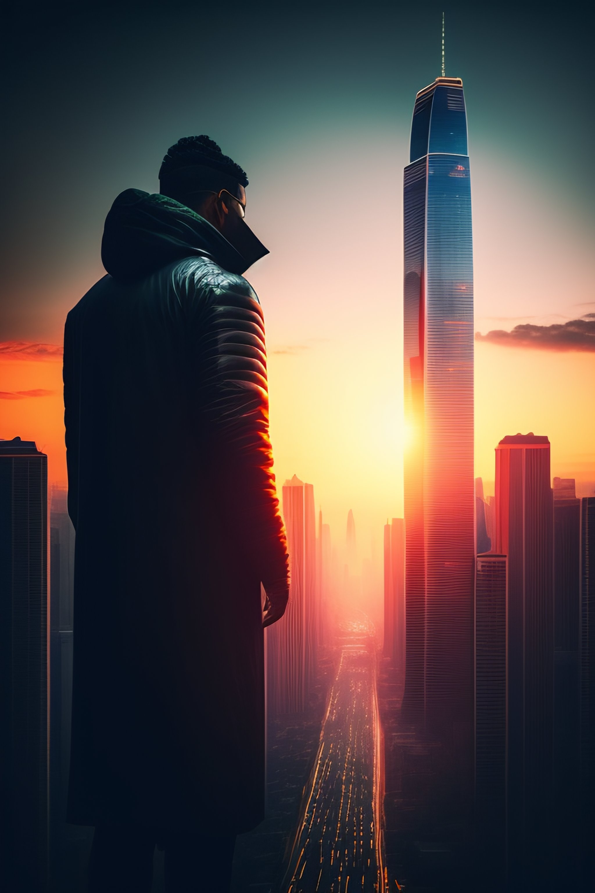 Lexica - "In the midst of a bustling city, a lone figure stands atop a ...