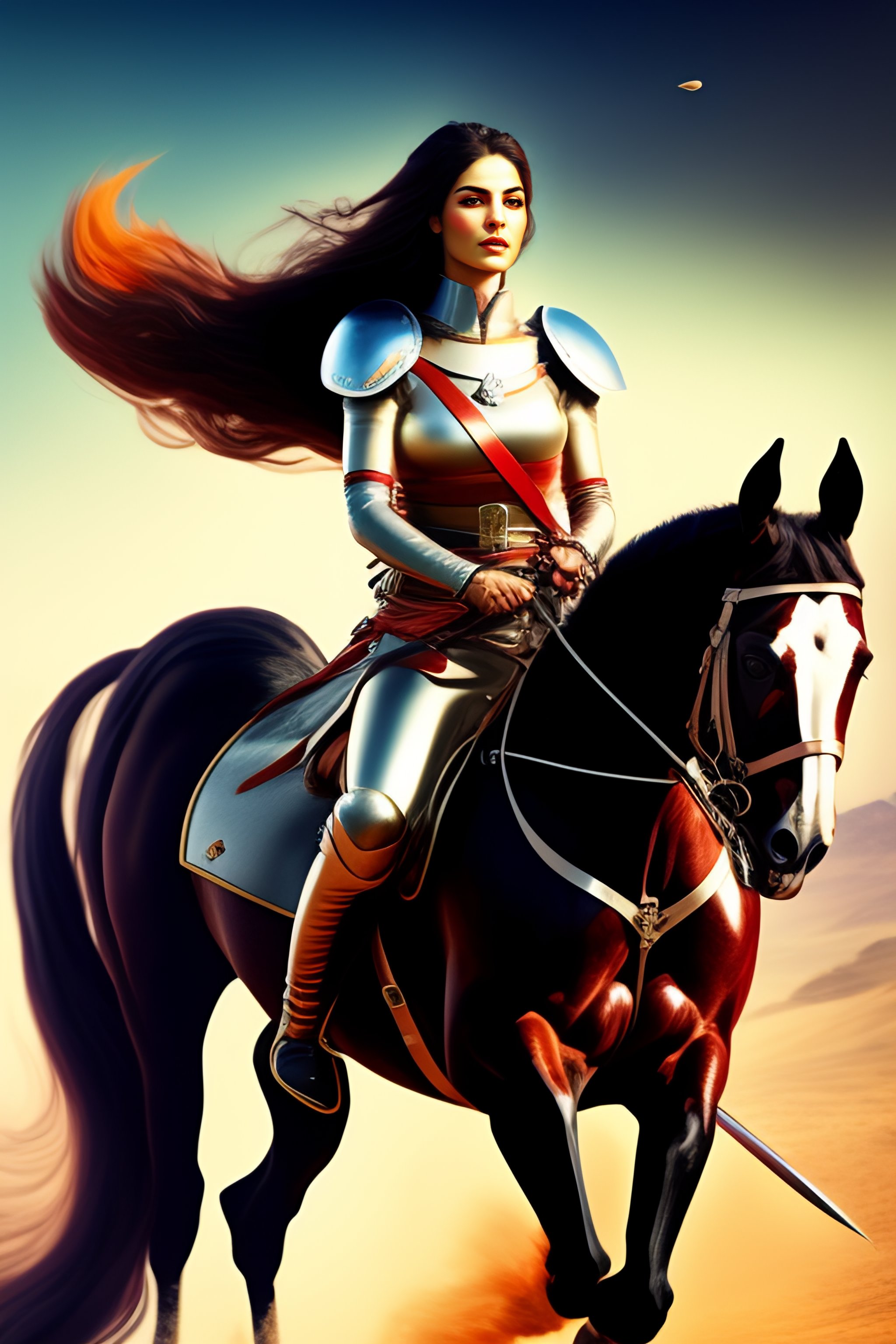 Lexica - Persian fighter woman, Persepolis , straight and long hair ,  riding a horse , Persian beautiful face , power, determination, leading  people..., image size:2048x3072