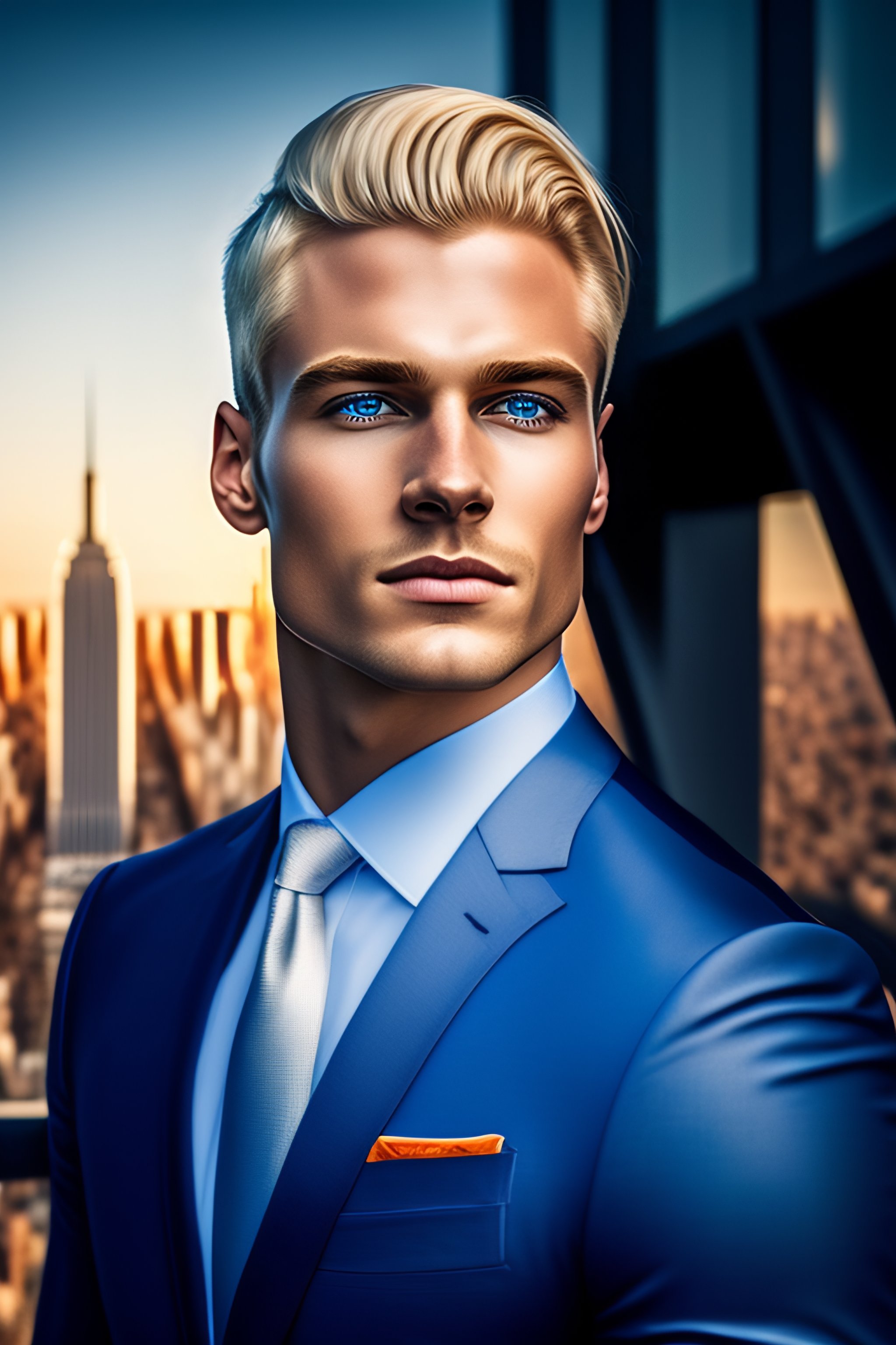 Lexica A Portrait Of An Elegant Man Blond Hair Blue Eyes A City In The Background 0659