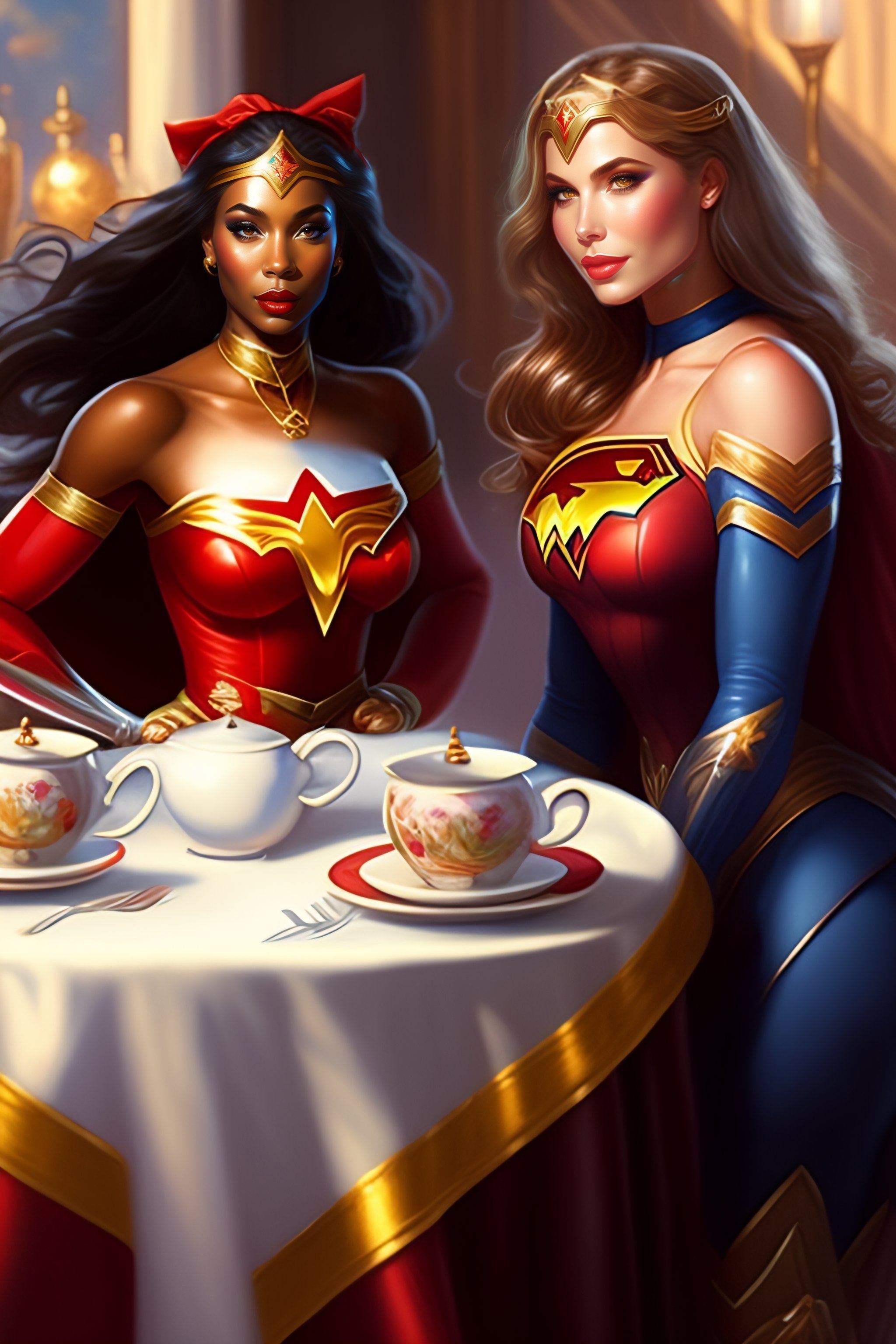 Lexica - “supergirl, wonder woman and alerquina at a tea party by Thomas  Kinkade, Alice in Wonderland, trending on Artstation”