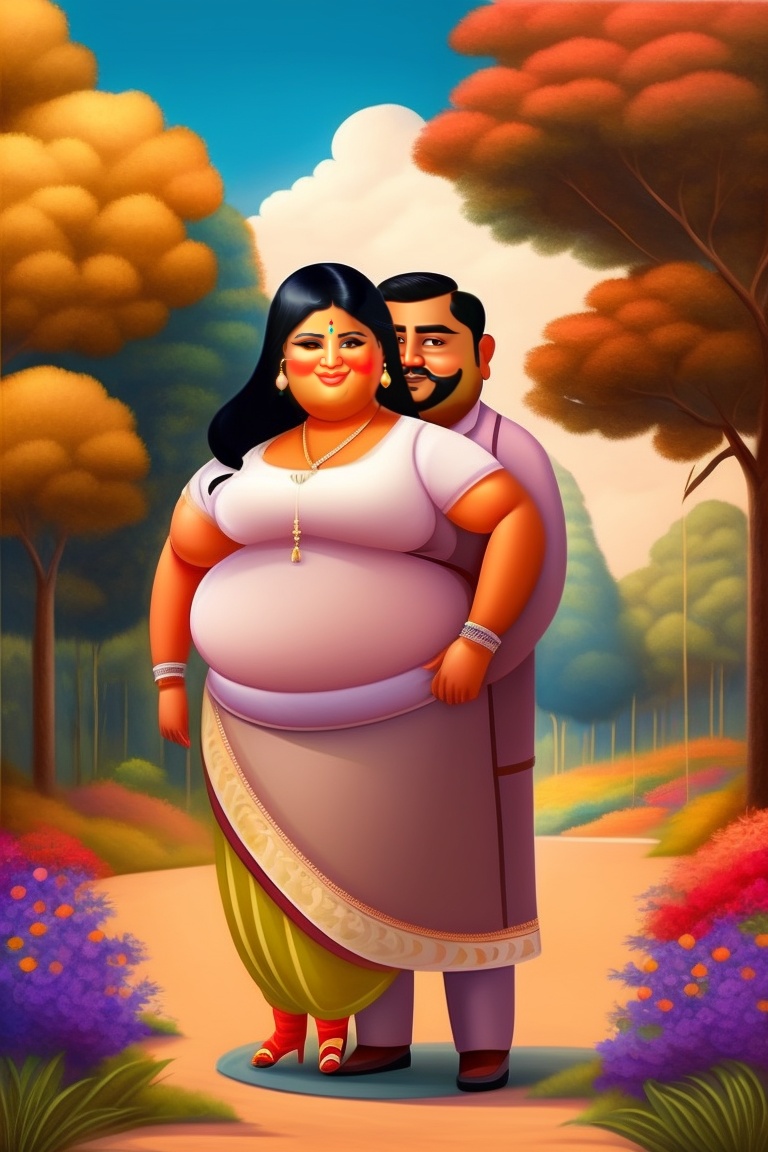 Lexica - A fat Indian man standing and a Indian beutiful girl standing,  they are lovers, India background, graden, trees, caricature, cartoon