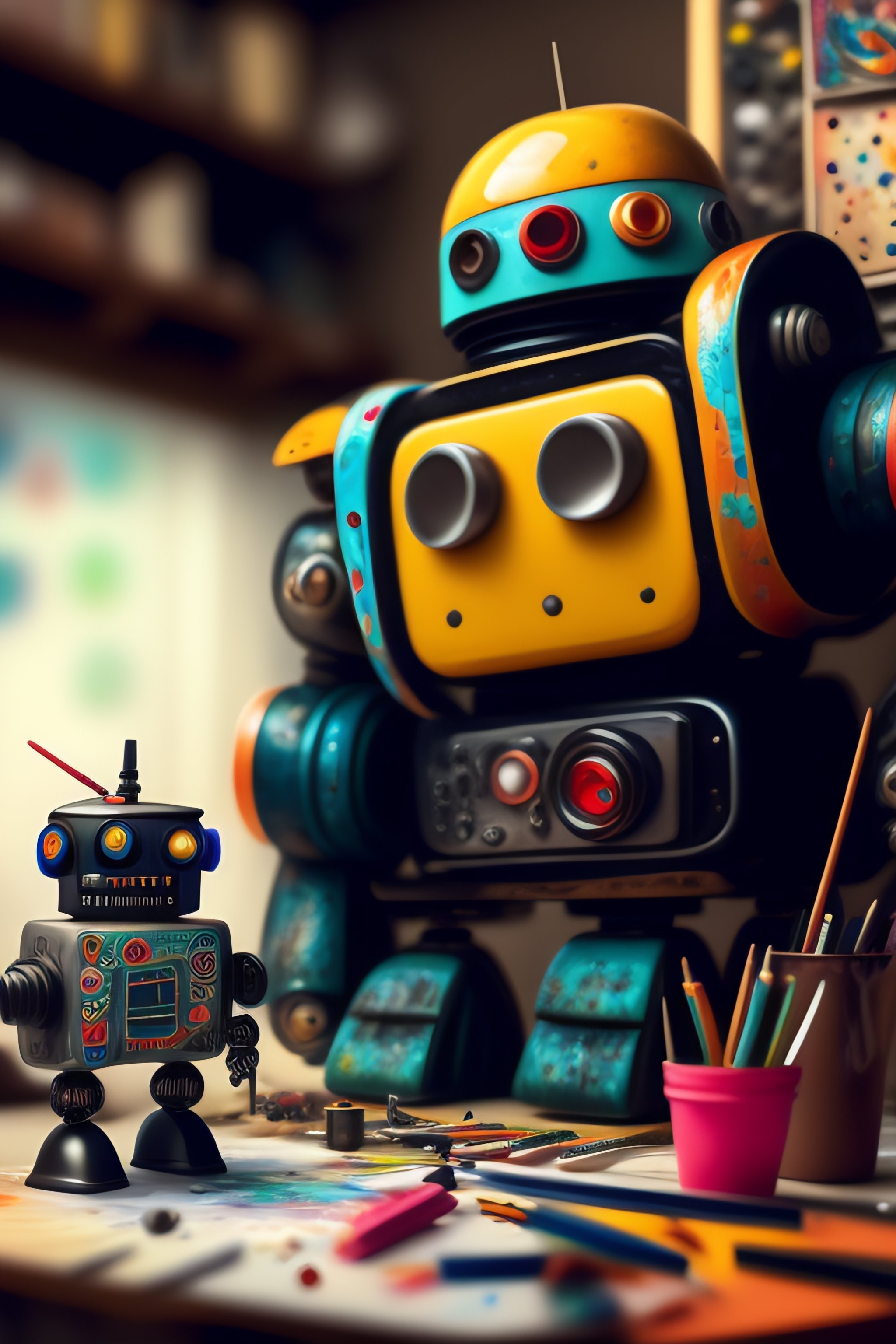 Lexica - A messy, chaotic artist's workshop, inside is a cute robot ...