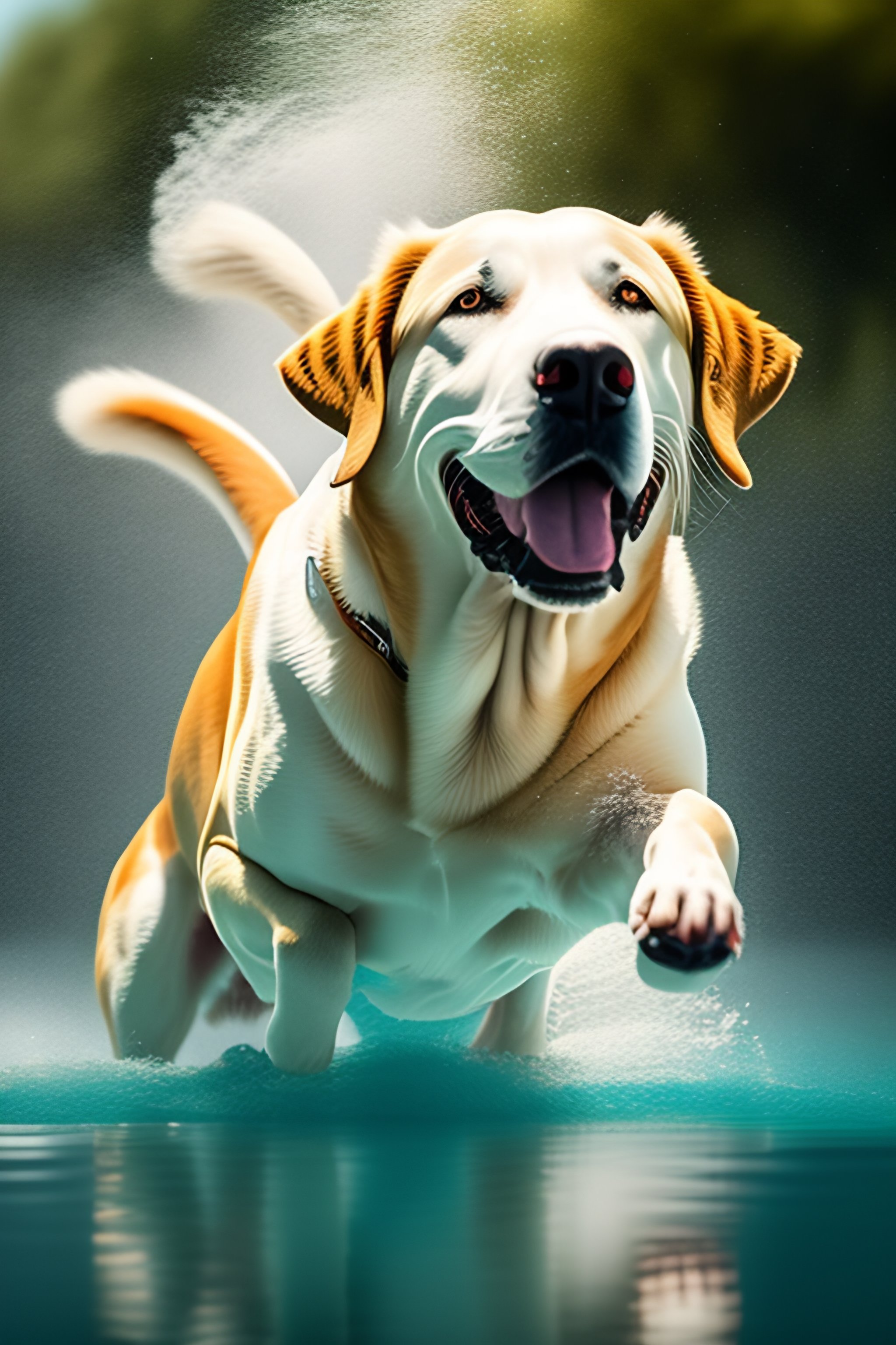 Lexica - A female Yellow lab jumping into a pool with an exciting face