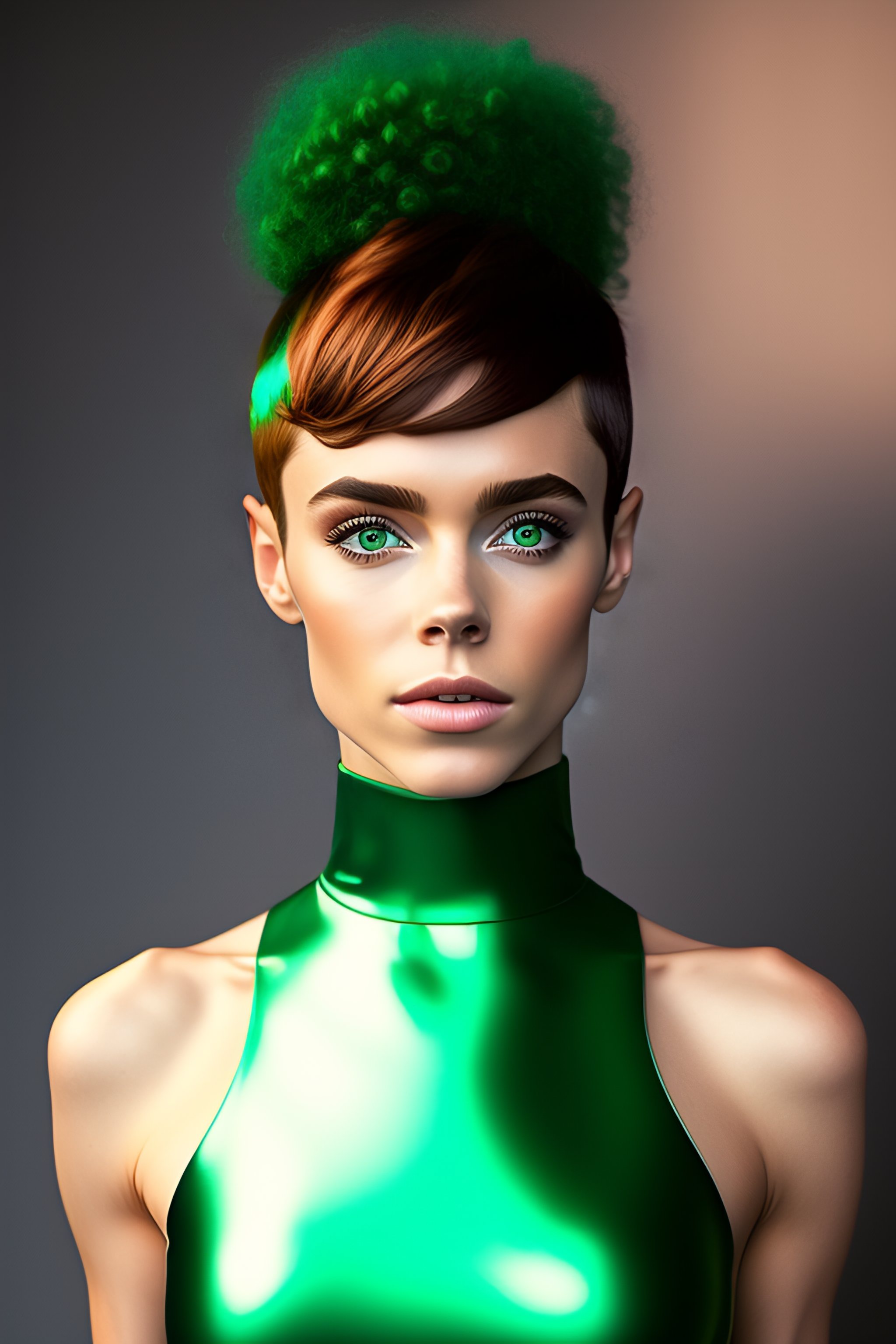 Lexica - Sophia Lillis with green hair brown eyes, shiny sleek smooth soft  matte full-body turtleneck catsuit. spandex lycra. youthful. Super Cute, ...