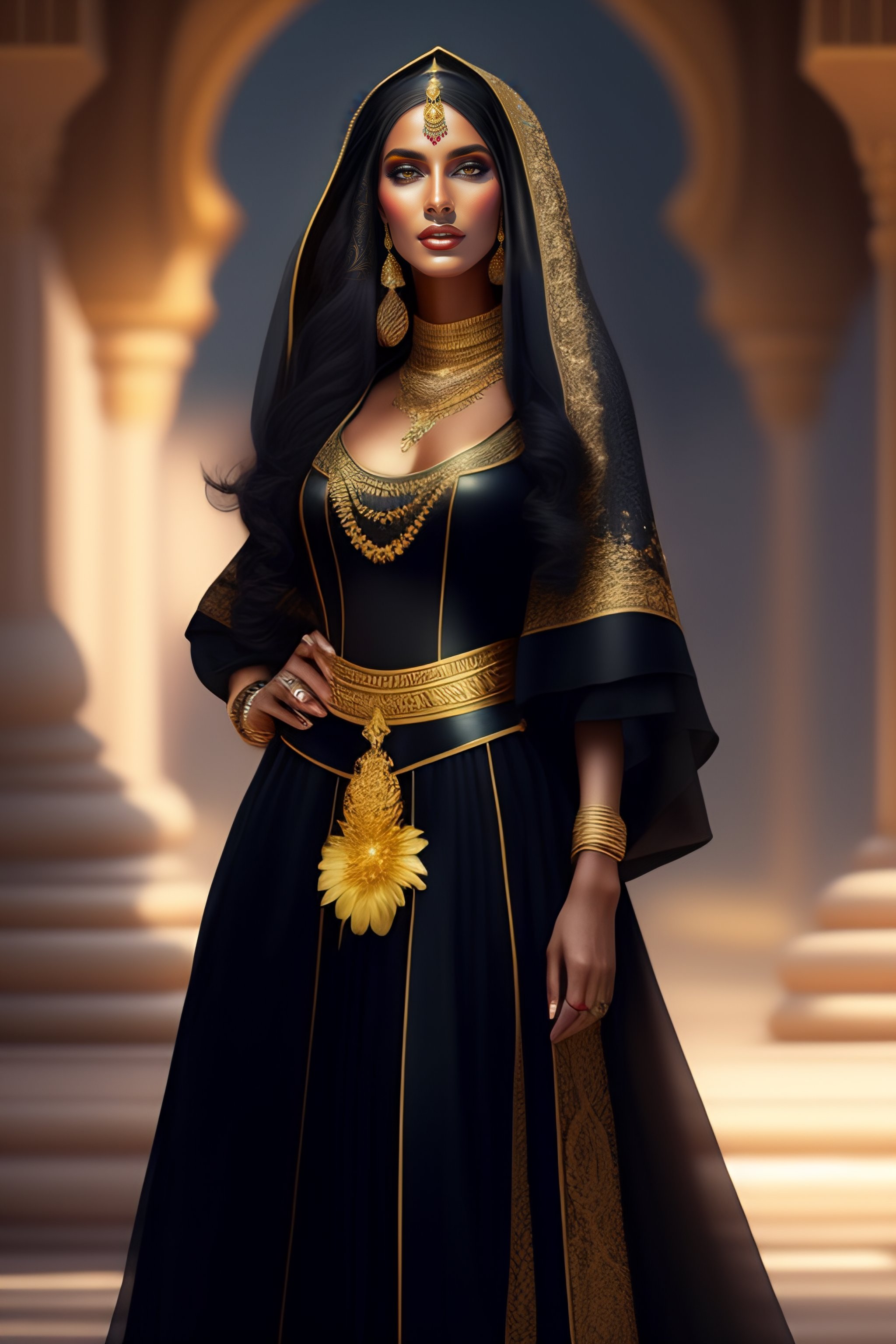 Lexica Beautiful arabian woman wearing black clothes and gold jewels a hat tribly style with greeneries and colorful flowers full body view gre