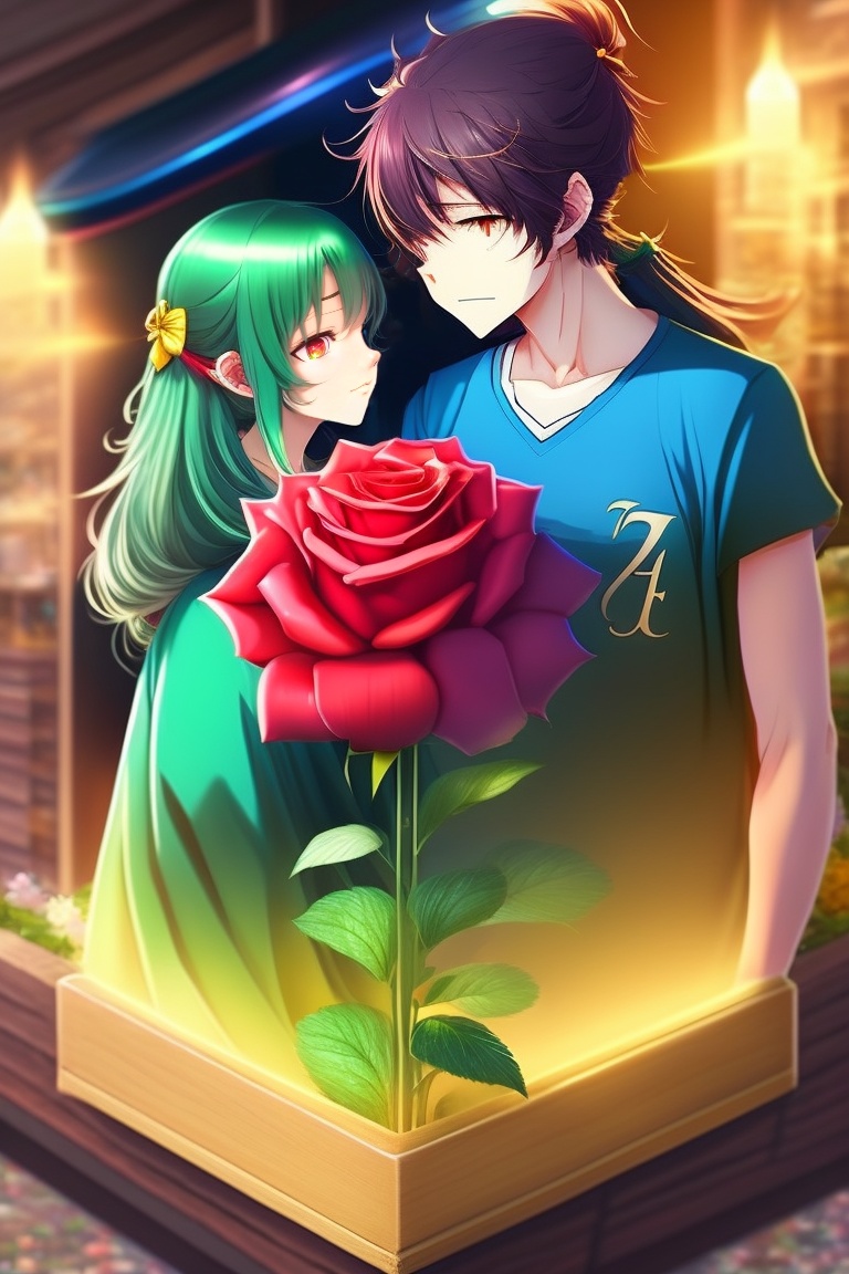 Lexica - S,T-shirt, anime design,boy give rose to girl,red,green,yellow,blue