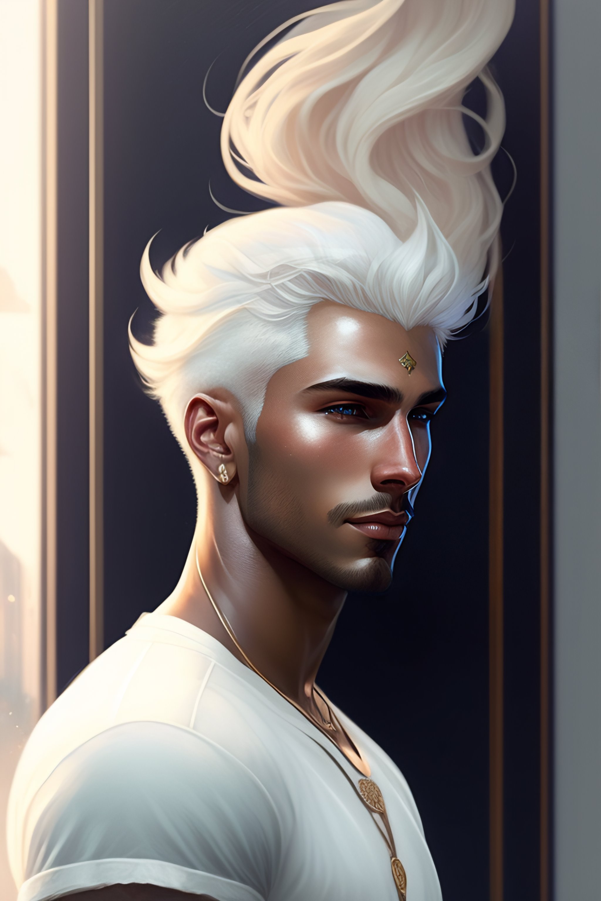 Lexica - Young man, a demigod with white hair, wearing jeans and a t