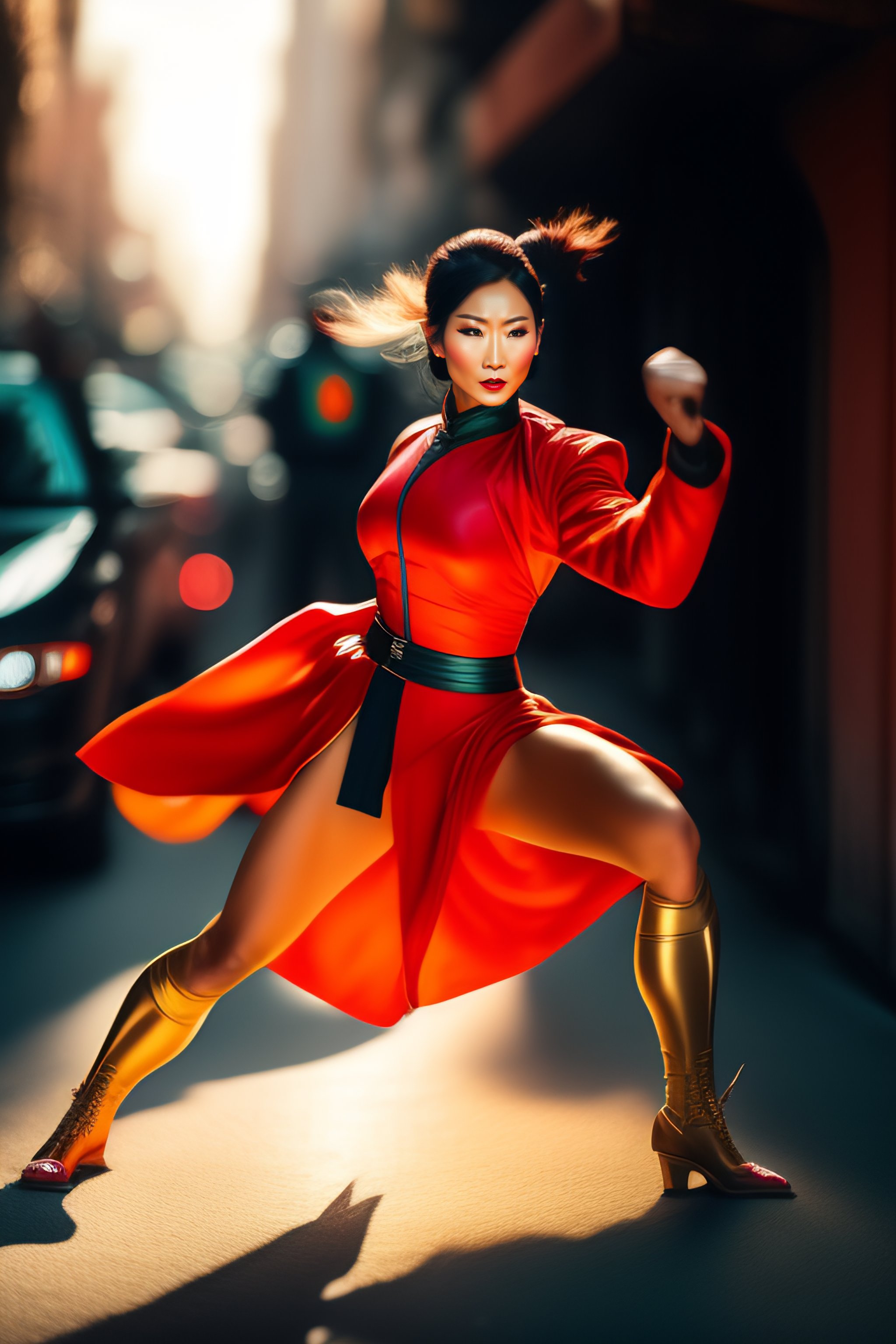 Lexica - Android woman fighting kung fu against a clog mouth