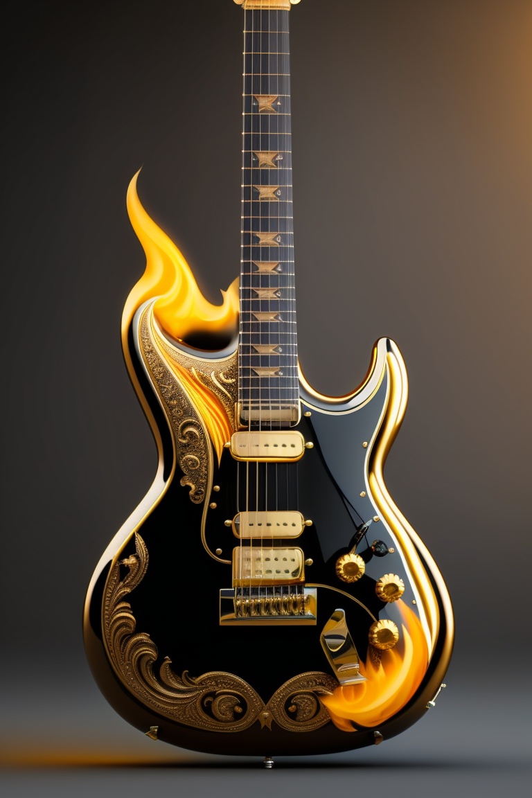 Lexica Electric guitar,black and gold color, flames in the back, 4k,hd