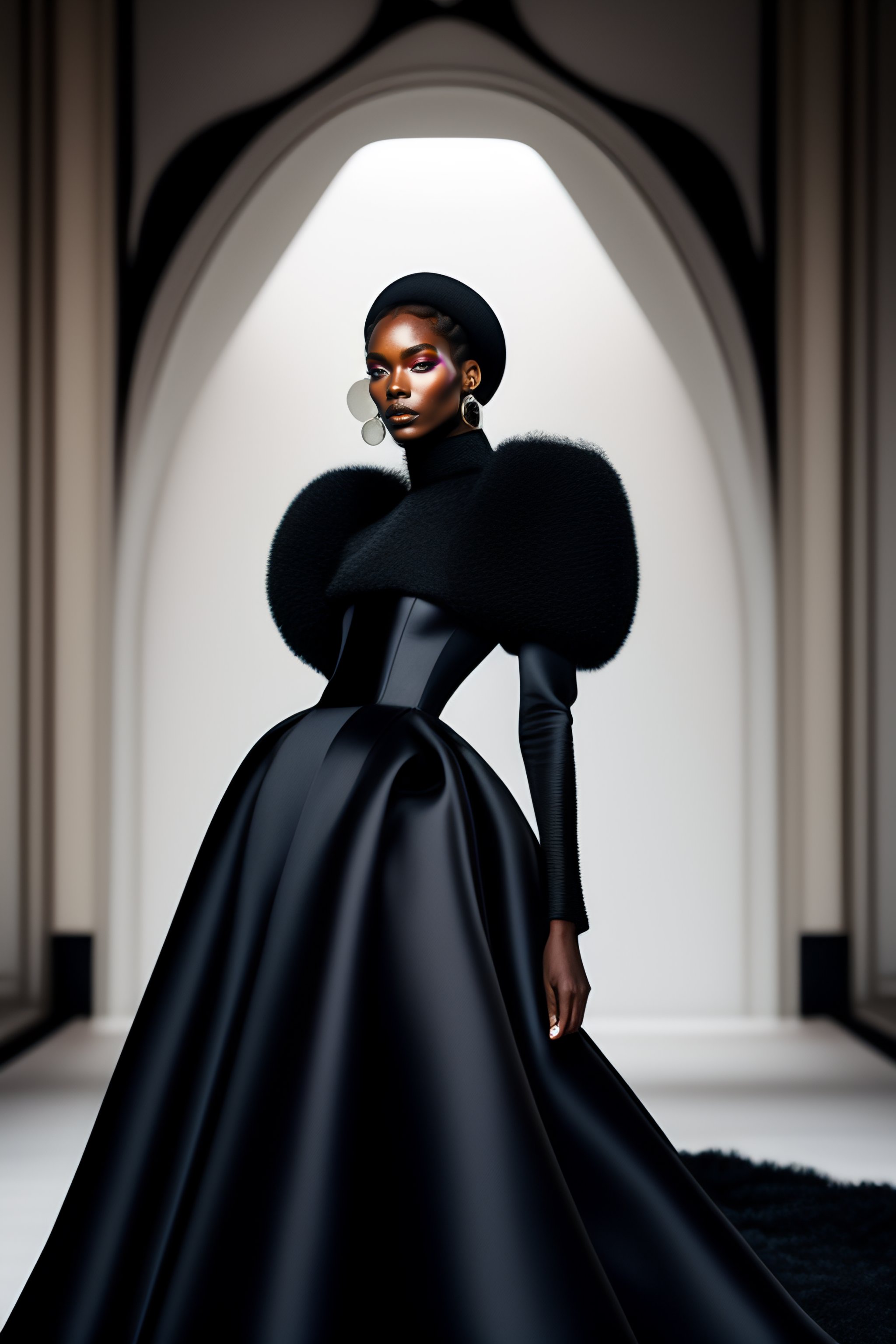 Lexica - A hyper-realistic haute couture model wearing a balenciaga black  fluffy mohair gown in the style of kinfolk magazine against the backdrop  of